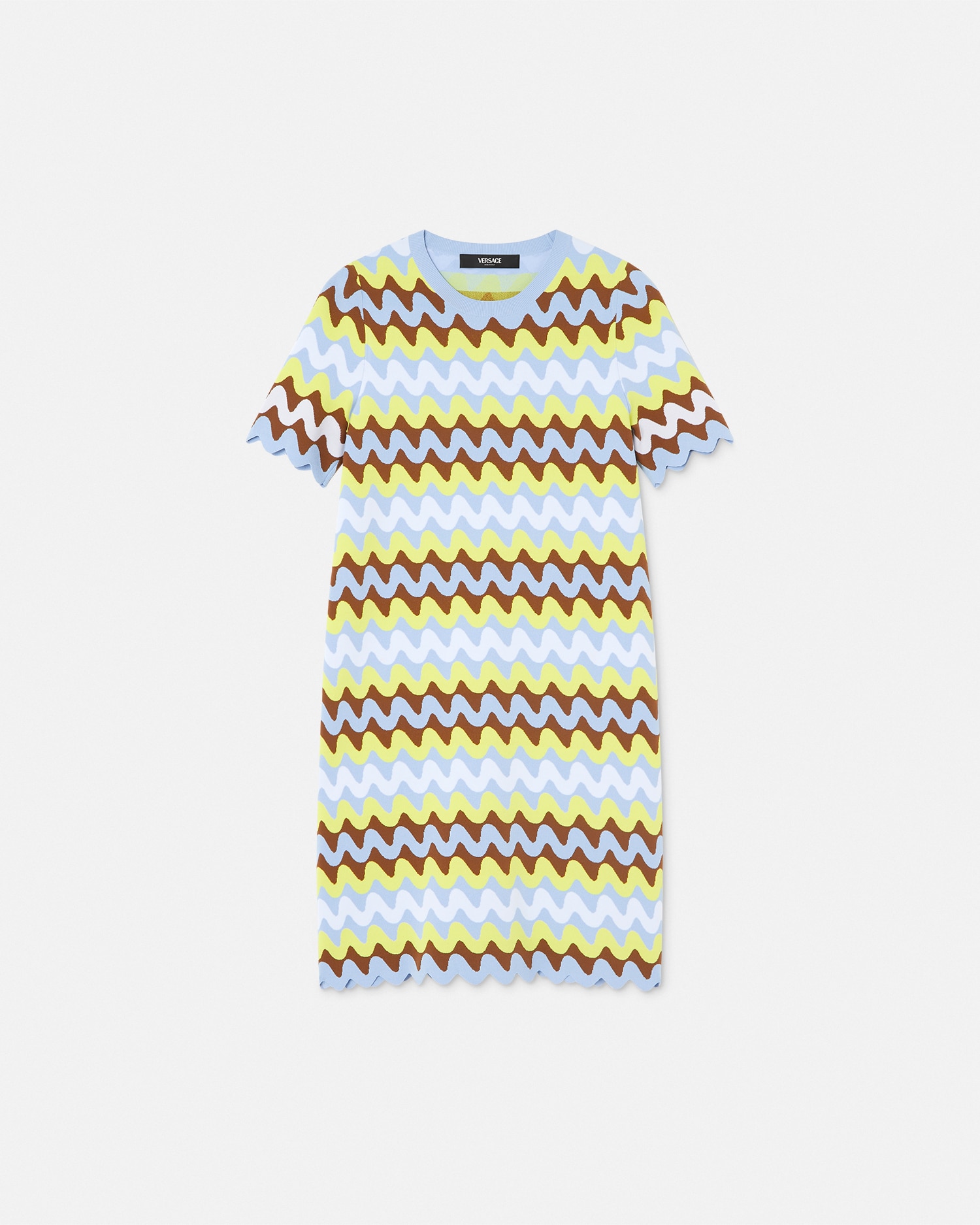 Versace Robe T-shirt Mi-longue Wave Maille Jacquard In Bleu Clair+multicolore