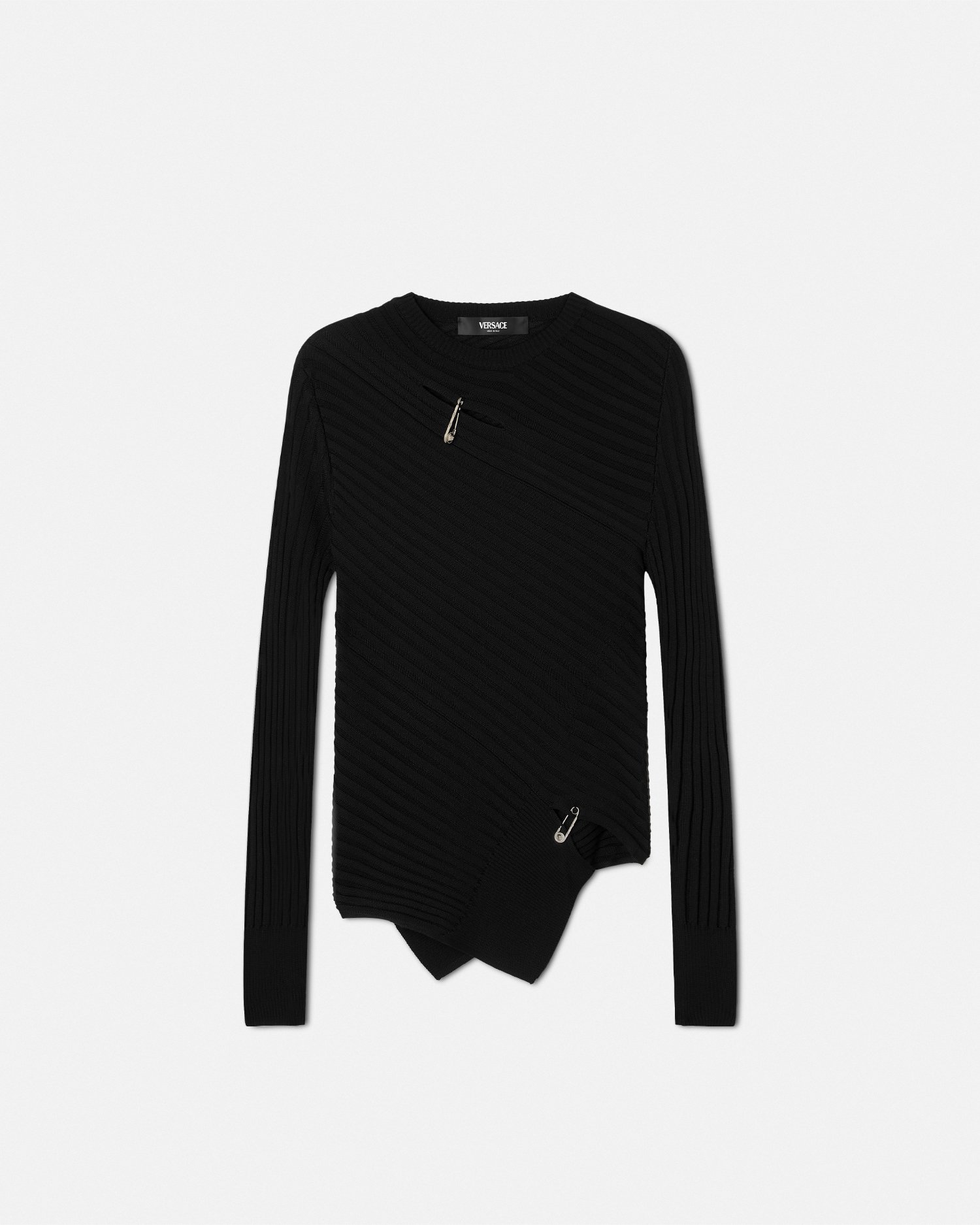 Versace Safety Pin Asymmetric Ribbed Knit Sweater In Black
