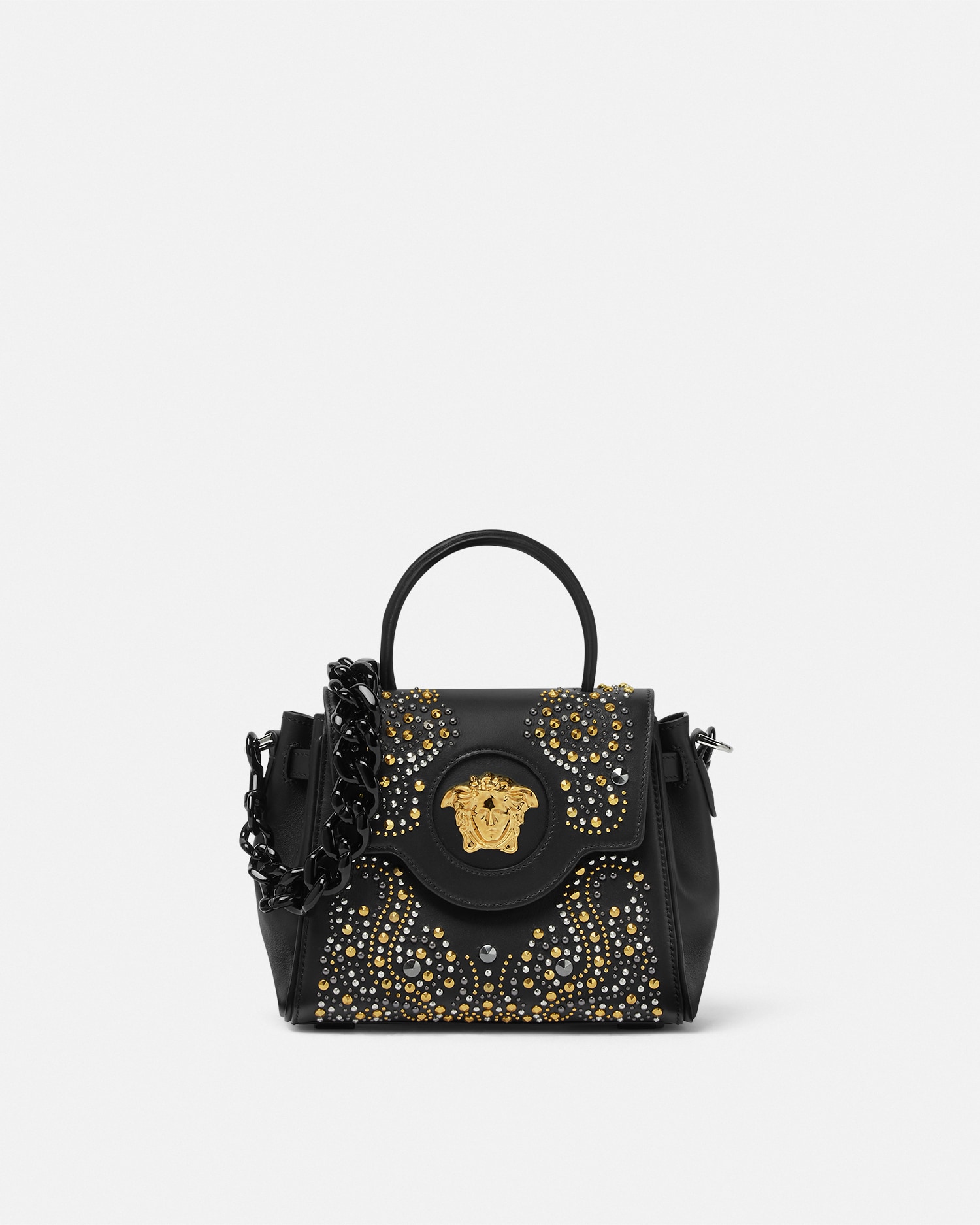 Versace Studded La Medusa Small Handbag In Black