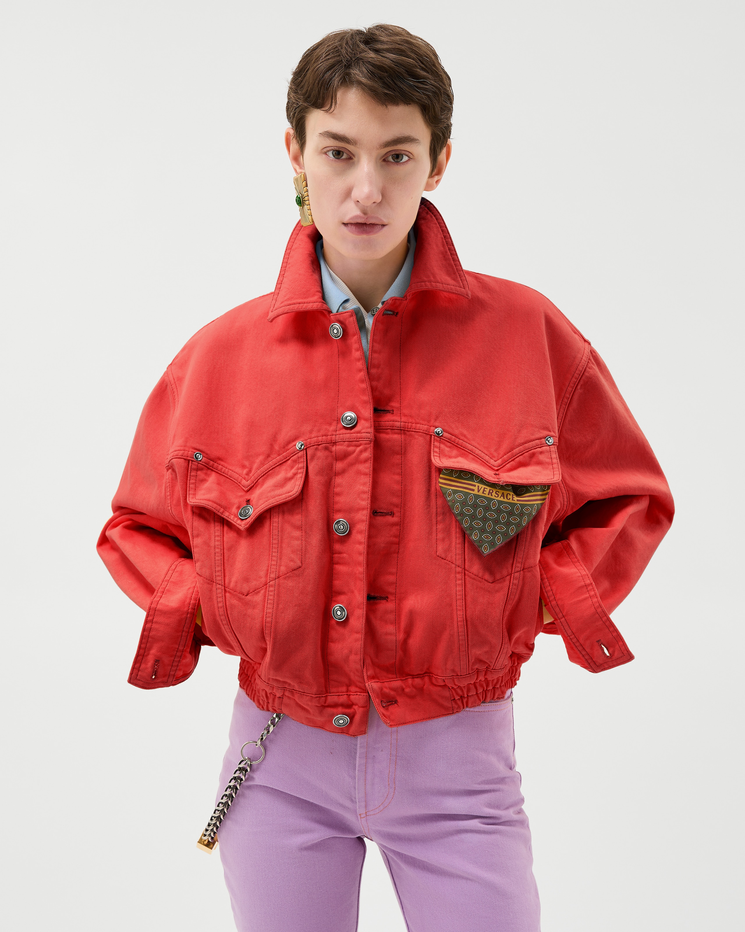 Versace Oversized Blouson Denim Jacket In Red