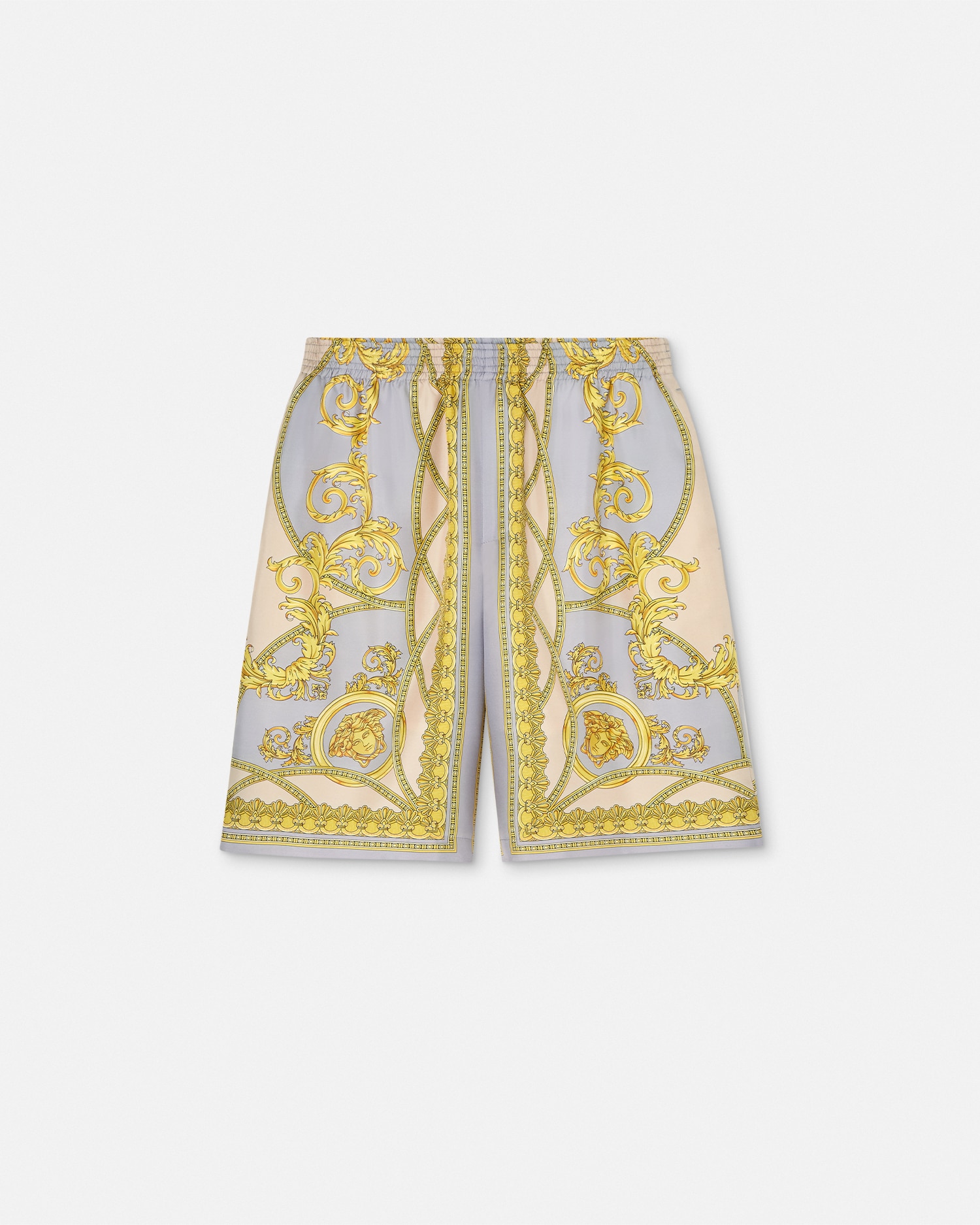 Versace La Coupe Des Dieux Print Silk Shorts In Gray+print
