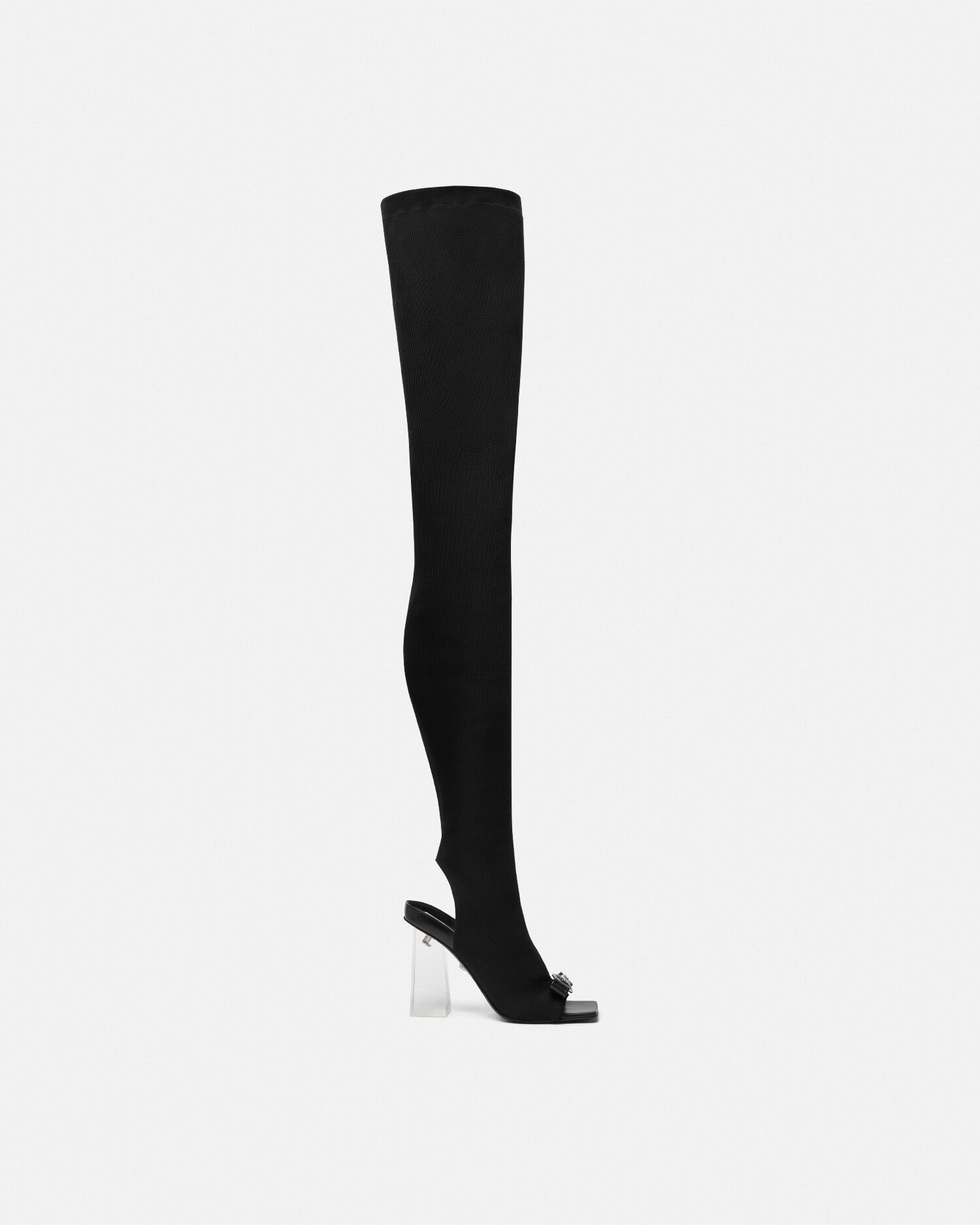 Versace Gianni Ribbon Open Thigh-high Boots In Black+silver