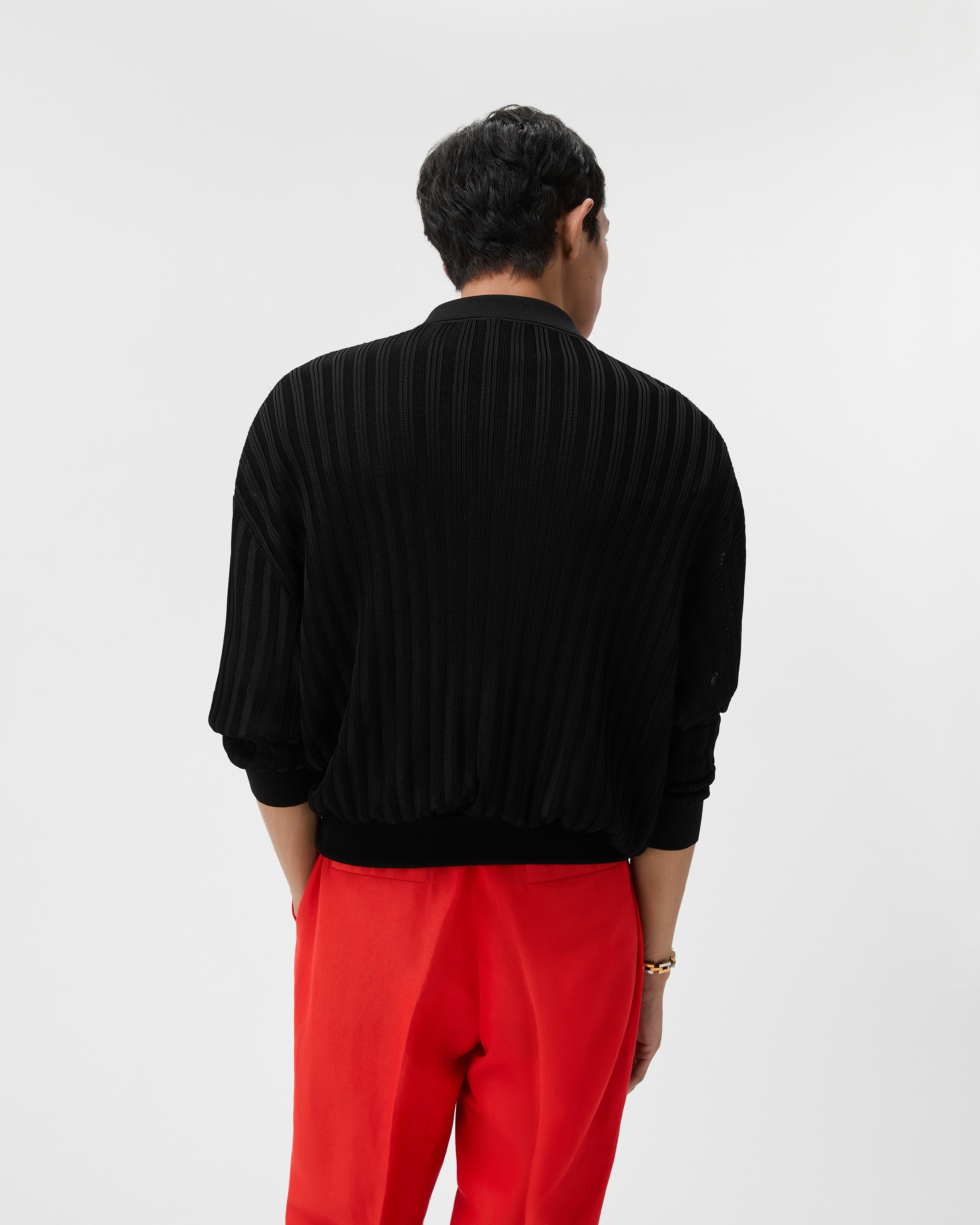 Knit Zip Cardigan with Printed Silk Inserts Black | VERSACE US