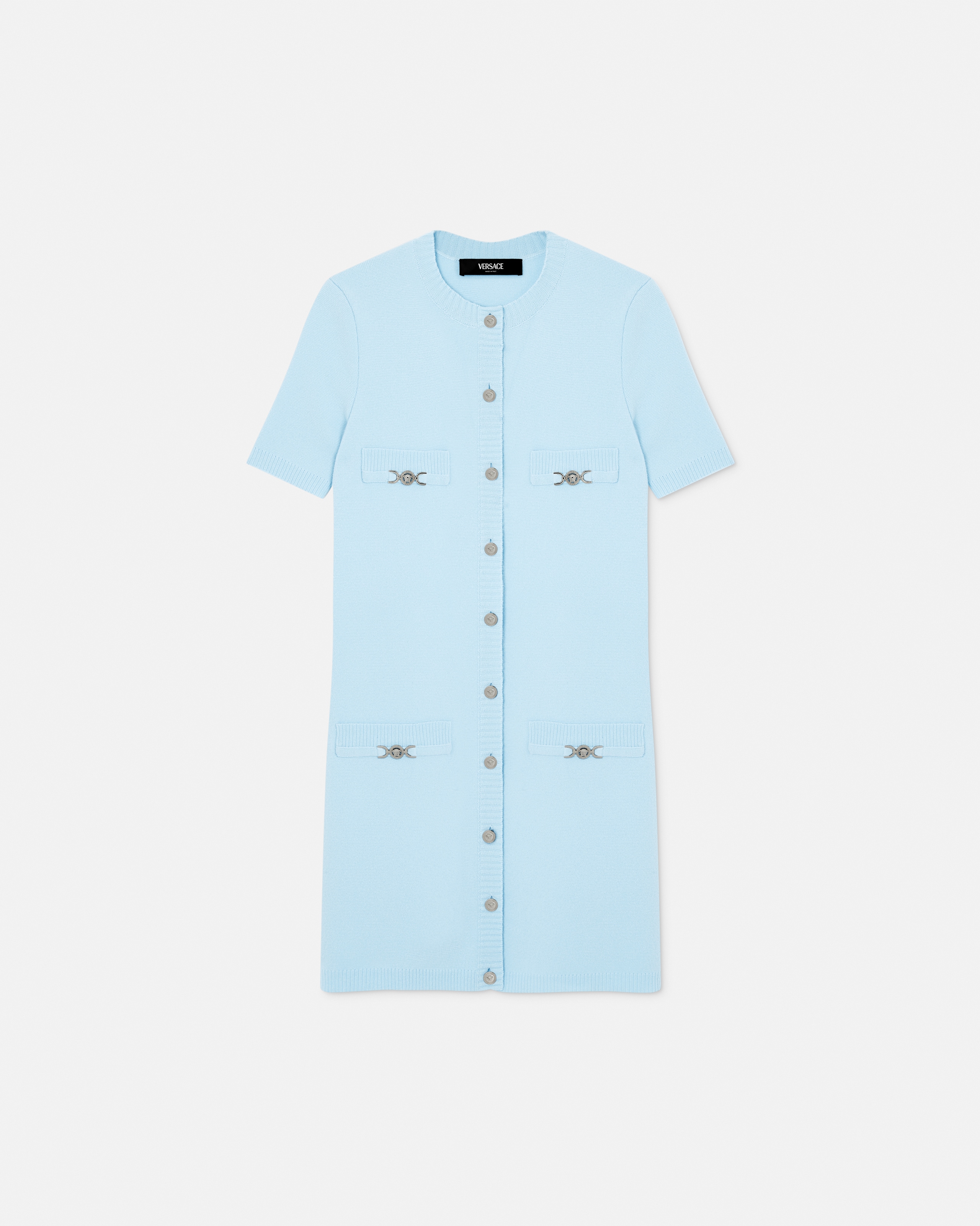 Versace Wool-cashmere Knit Shirt Dress In Blue