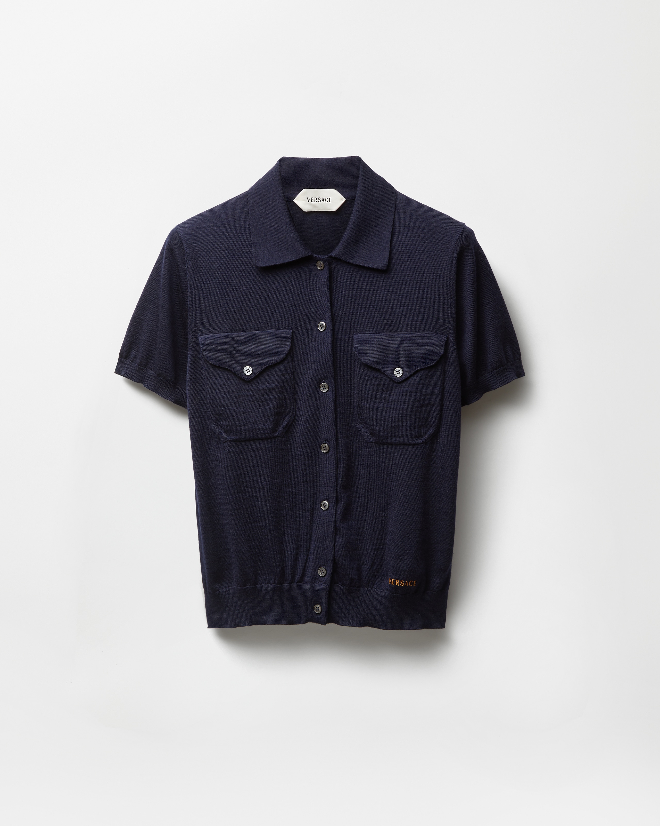 Versace Embroidered Wool Knit Cardigan In Blue