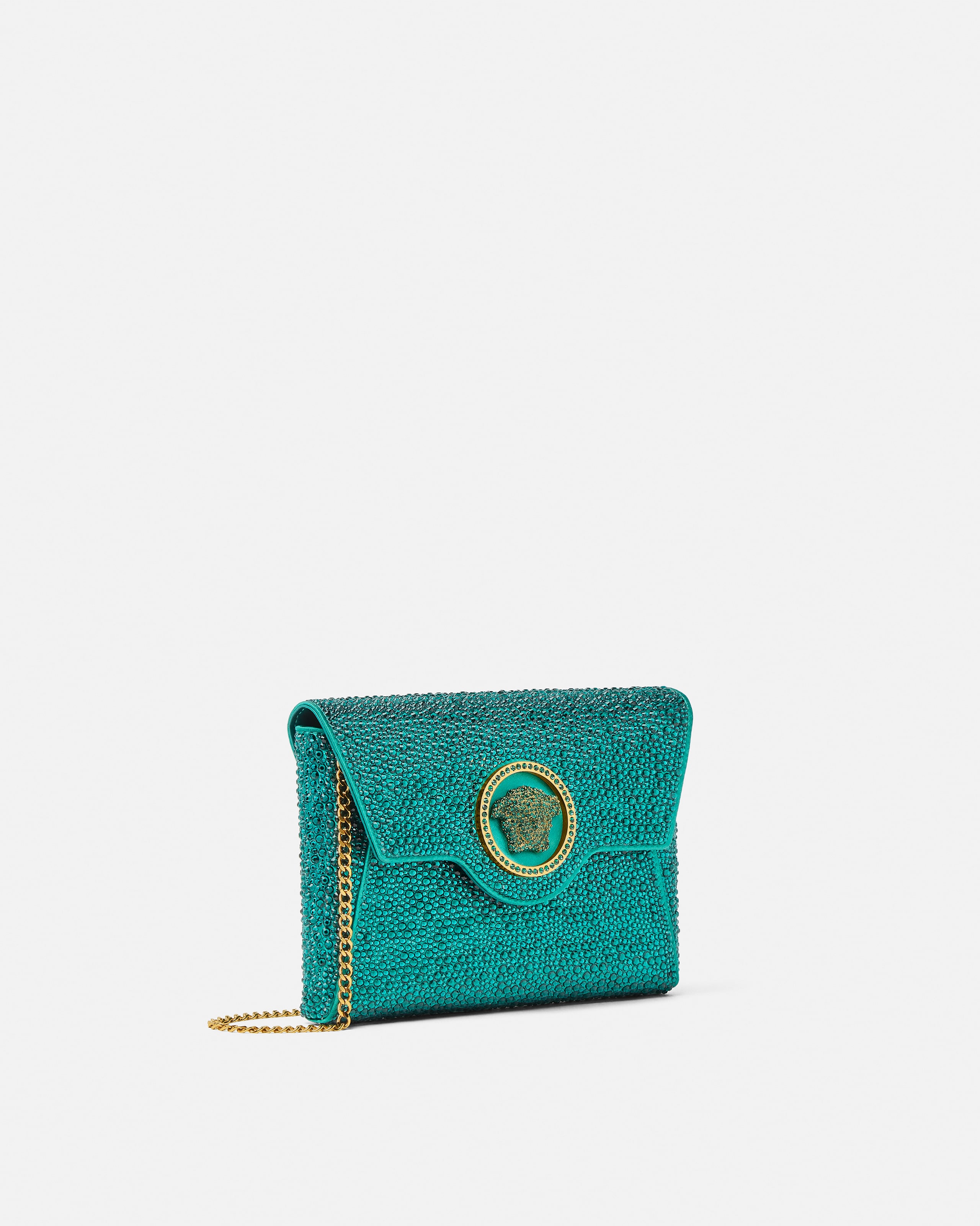 Versace La Medusa Embellished Satin Clutch In Blue