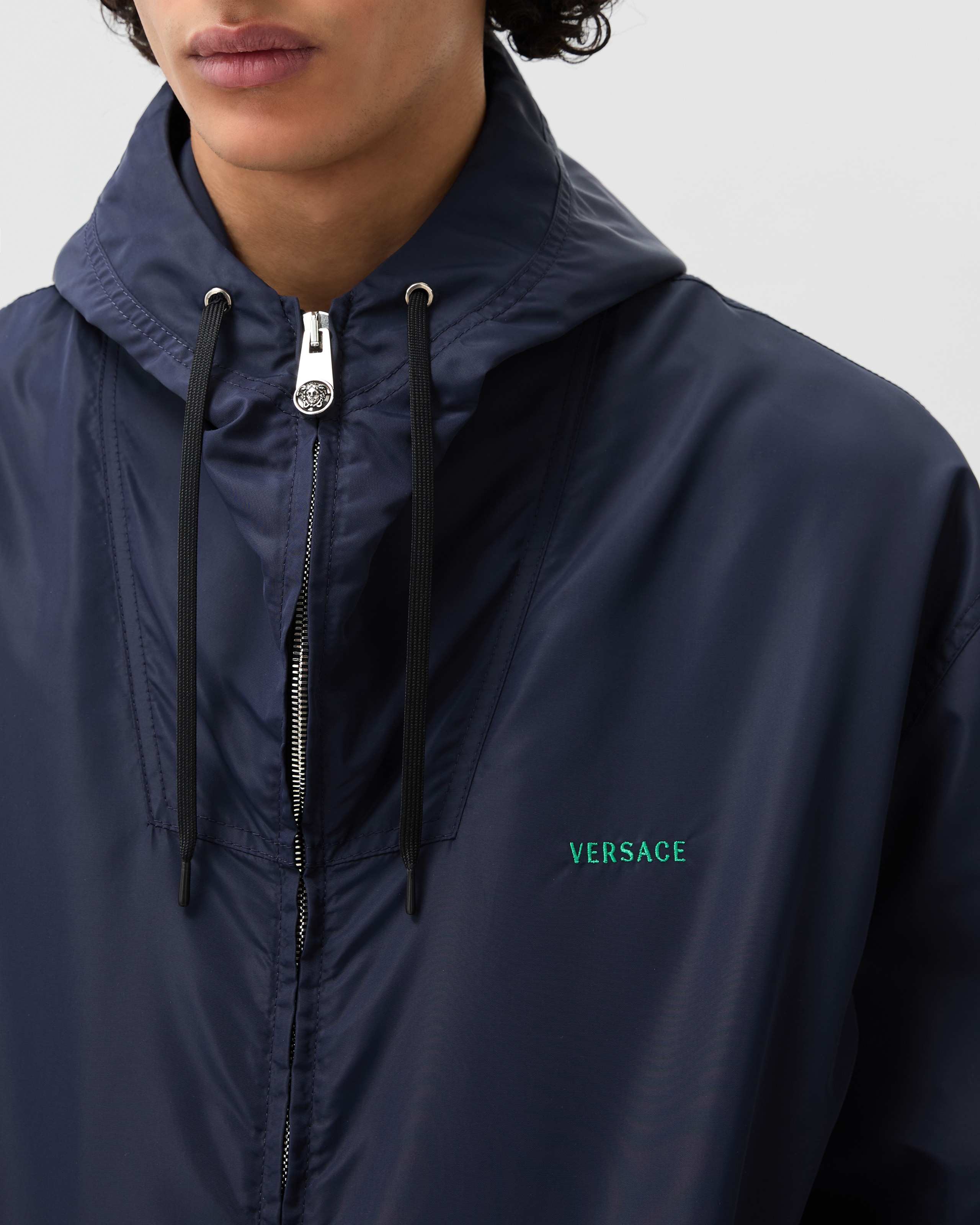 Embroidered Nylon Windbreaker Blue | VERSACE US
