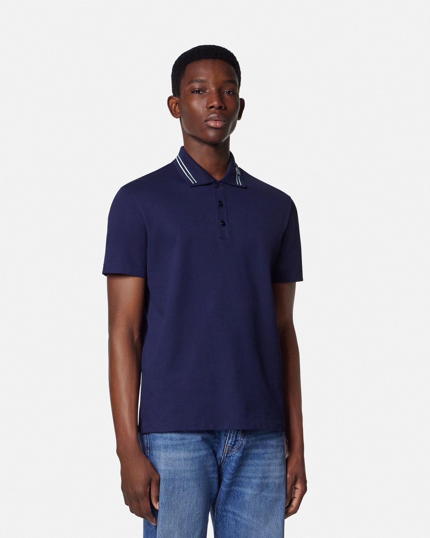 Embroidered Cotton Piqué Polo Blue | VERSACE US
