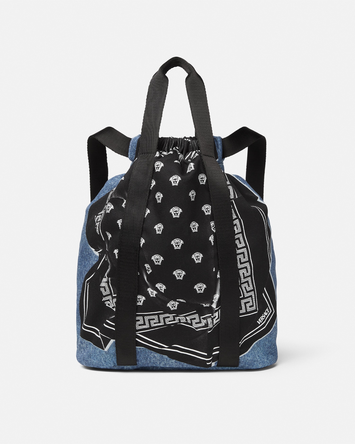 Versace Medusa Bandana Kids Denim Backpack In Bleu+imprimer