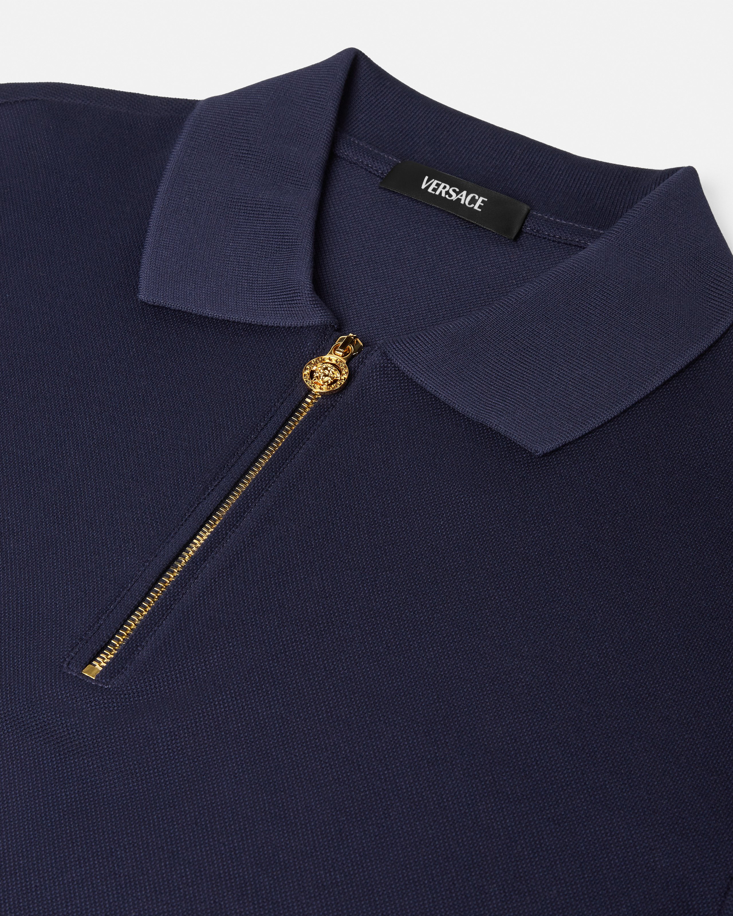Embroidered Cotton-Piqué Half-Zip Polo Blue | VERSACE