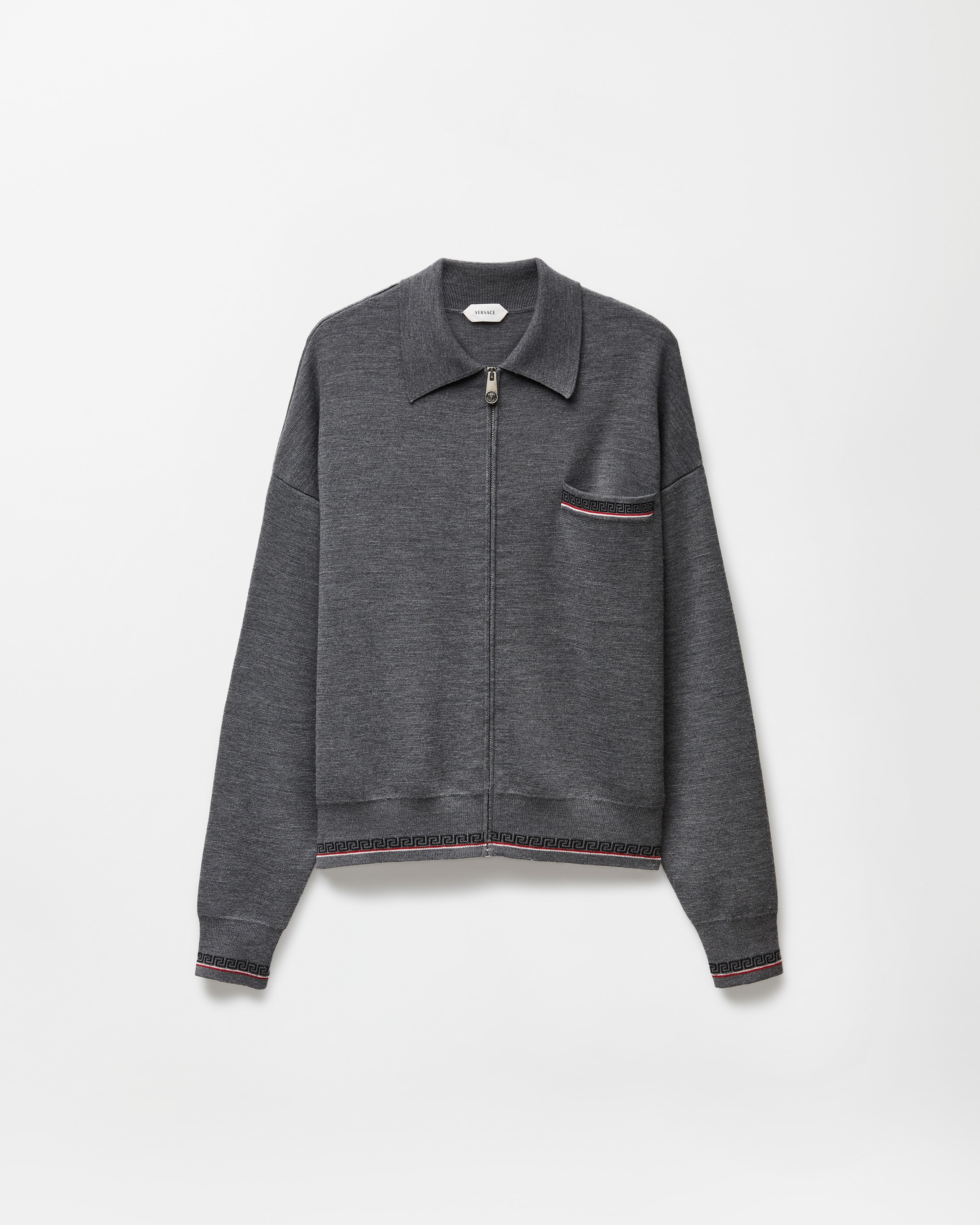 Versace Jacquard Wool Knit Zip Sweater In Gray