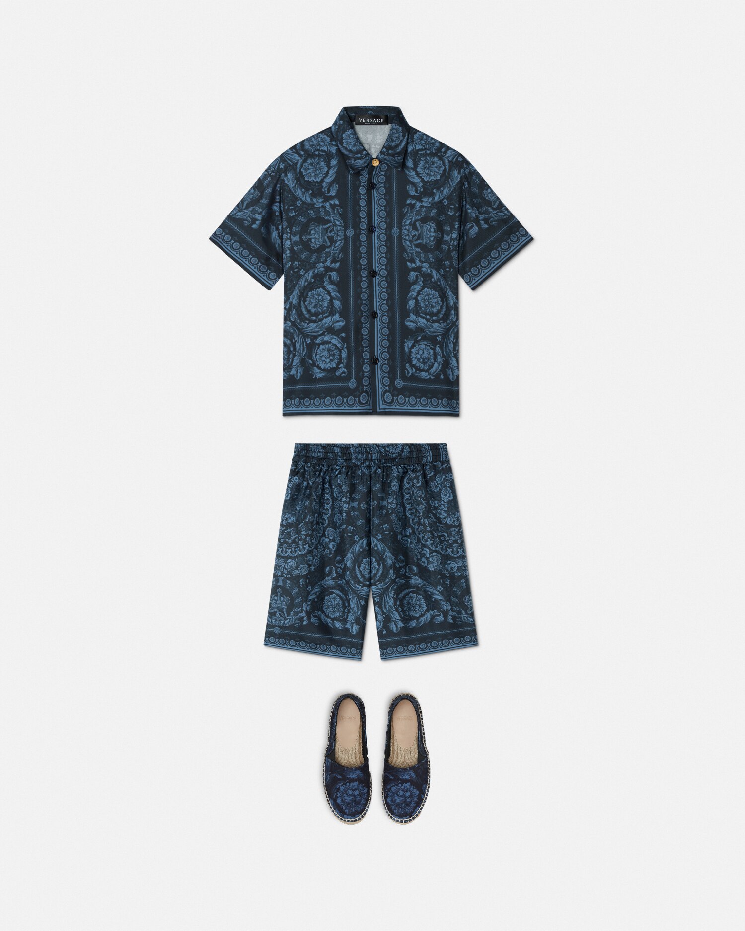 Versace Navy Barocco Shorts In Blue+print