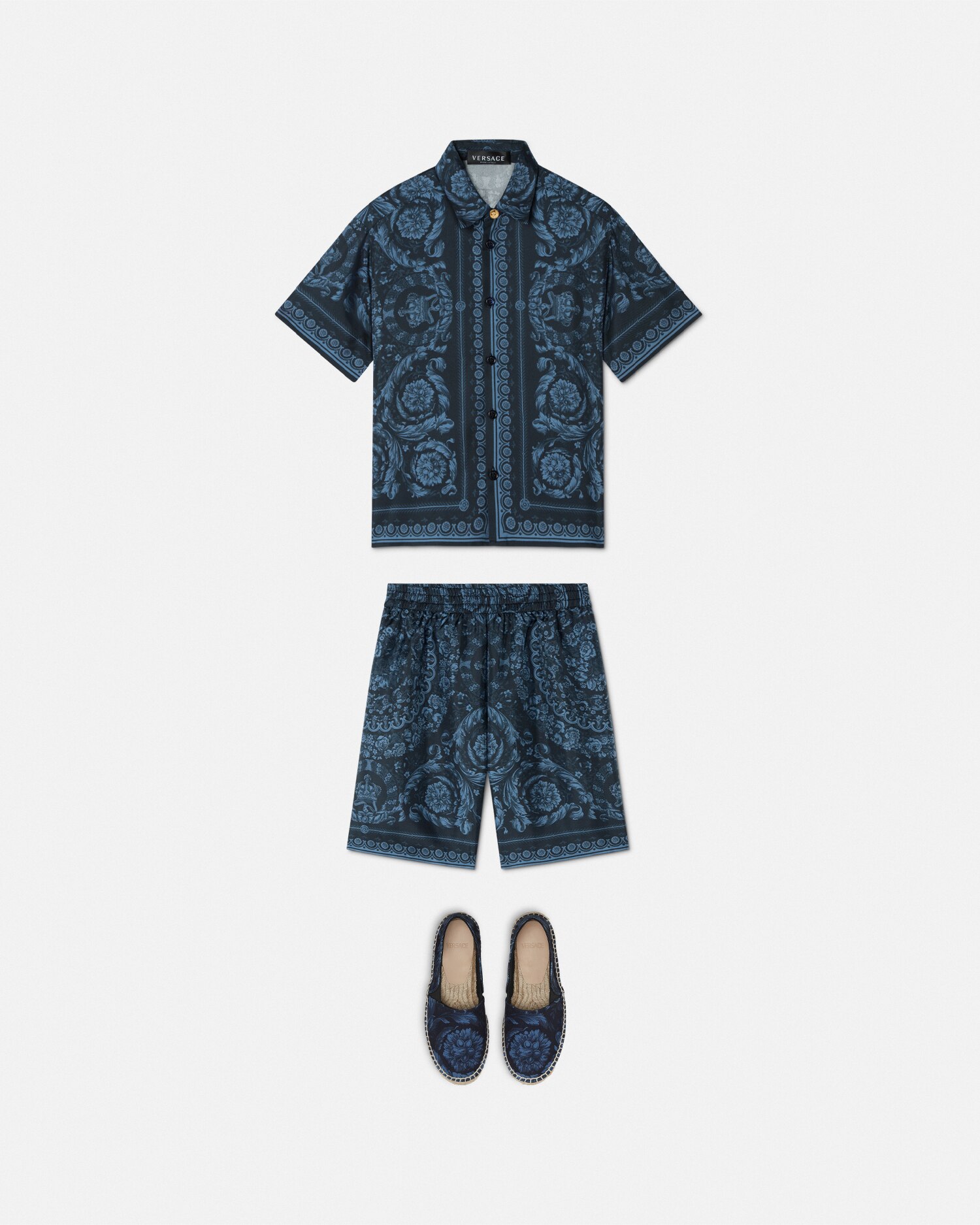 Shop Versace Barocco Kids Silk Shorts In Blue+print