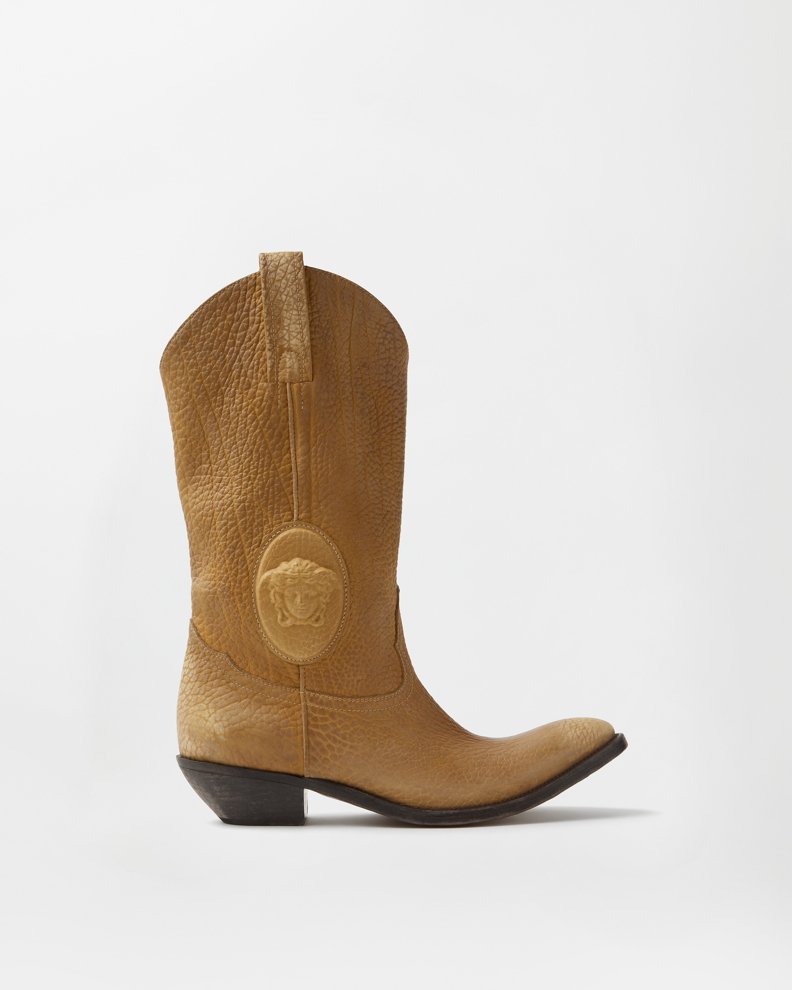 Versace Houston Leather Texan Boots 35 Mm In Sand