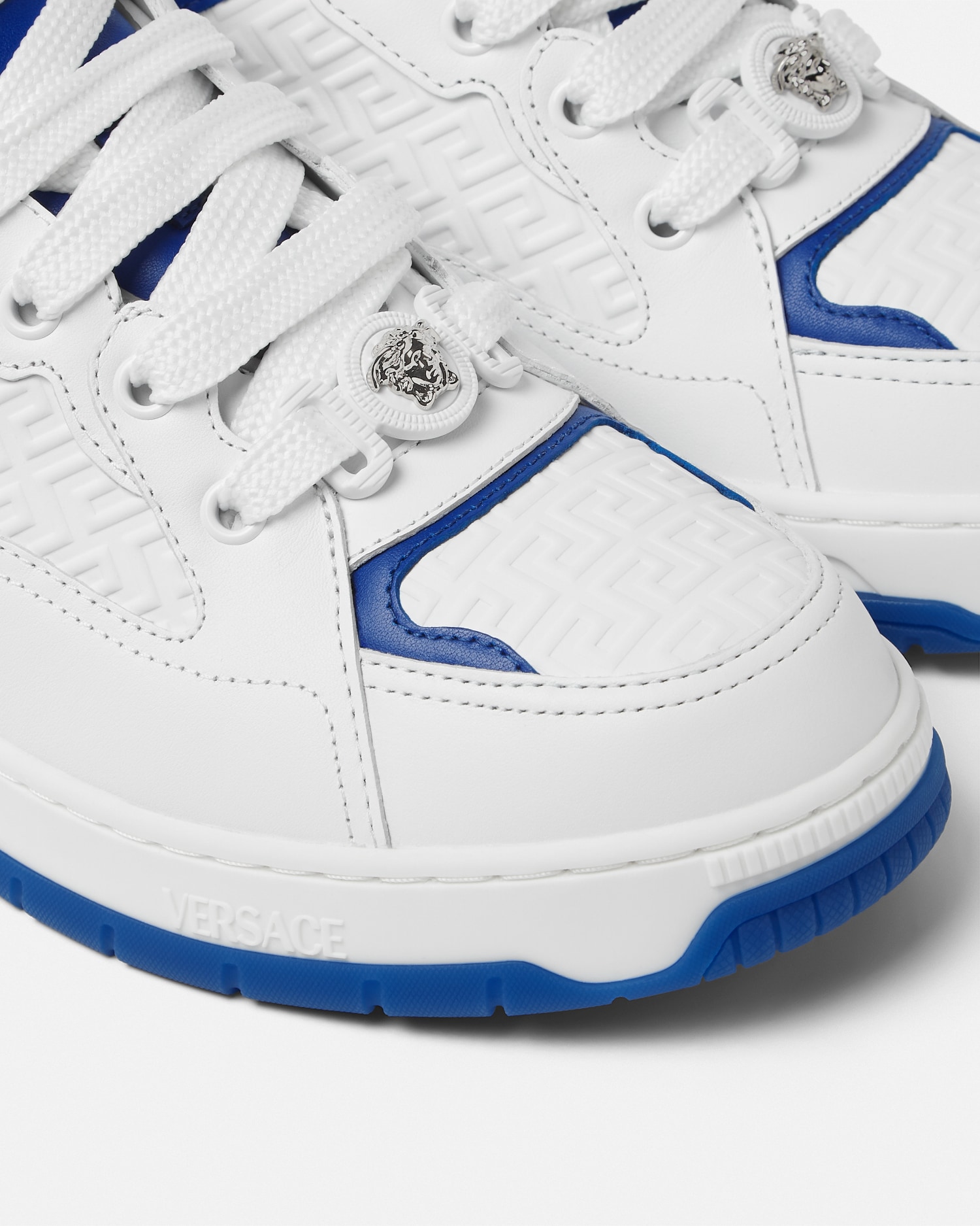 Biggie Basket Leather Sneakers White,Blue | VERSACE US