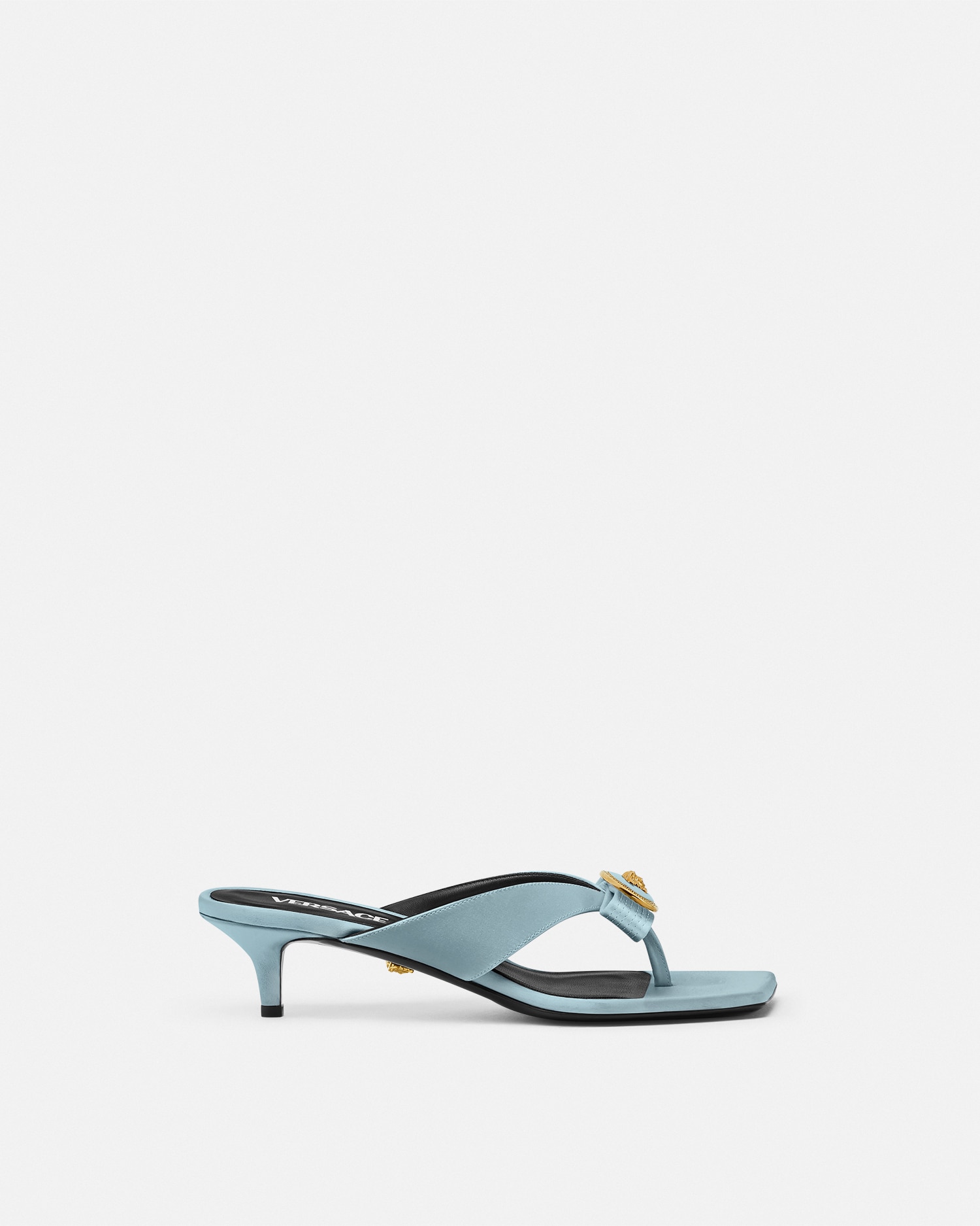 Versace Gianni Bow 45mm Leather Mules In Light Blue