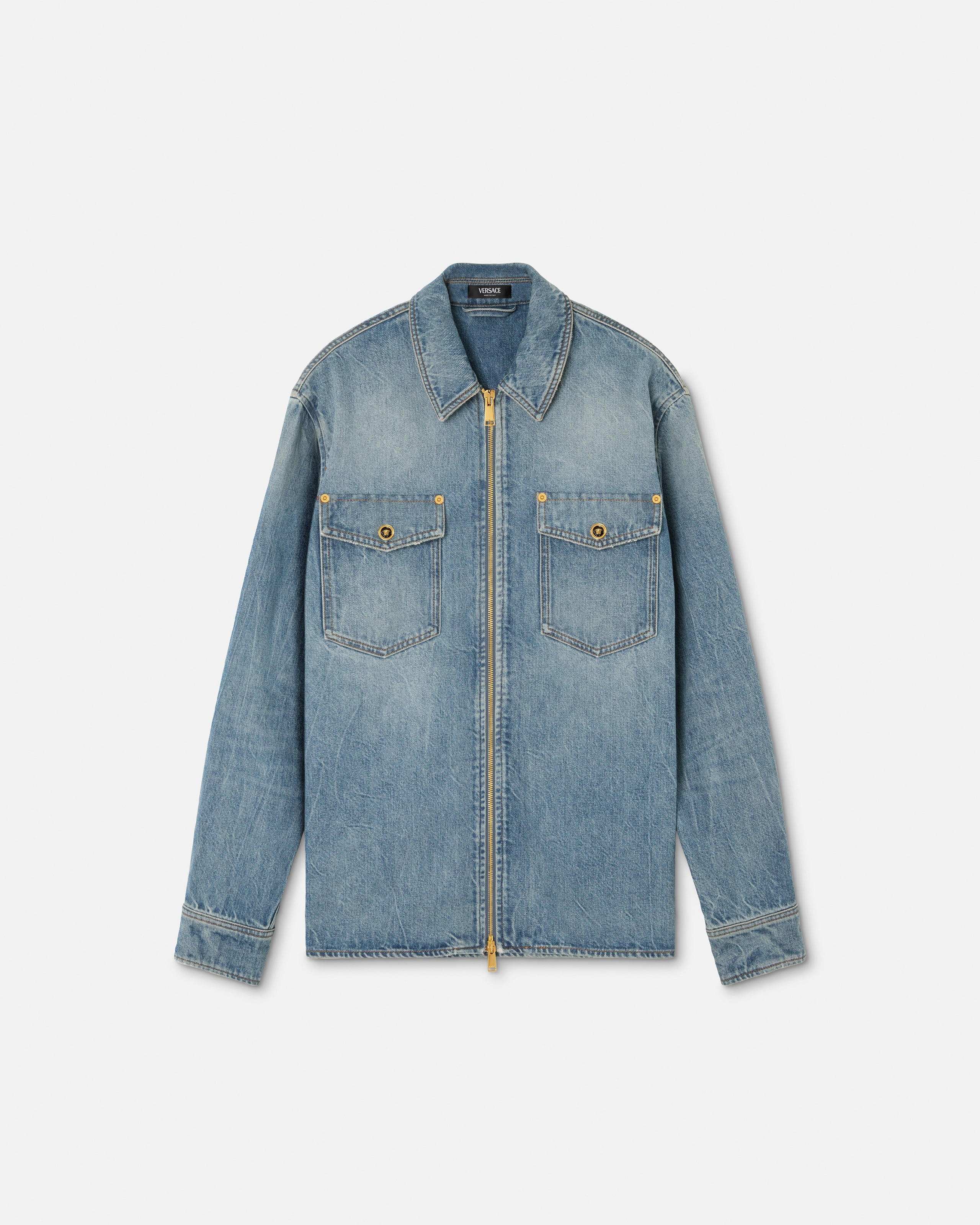 Versace Denim Zip Overshirt In Blue