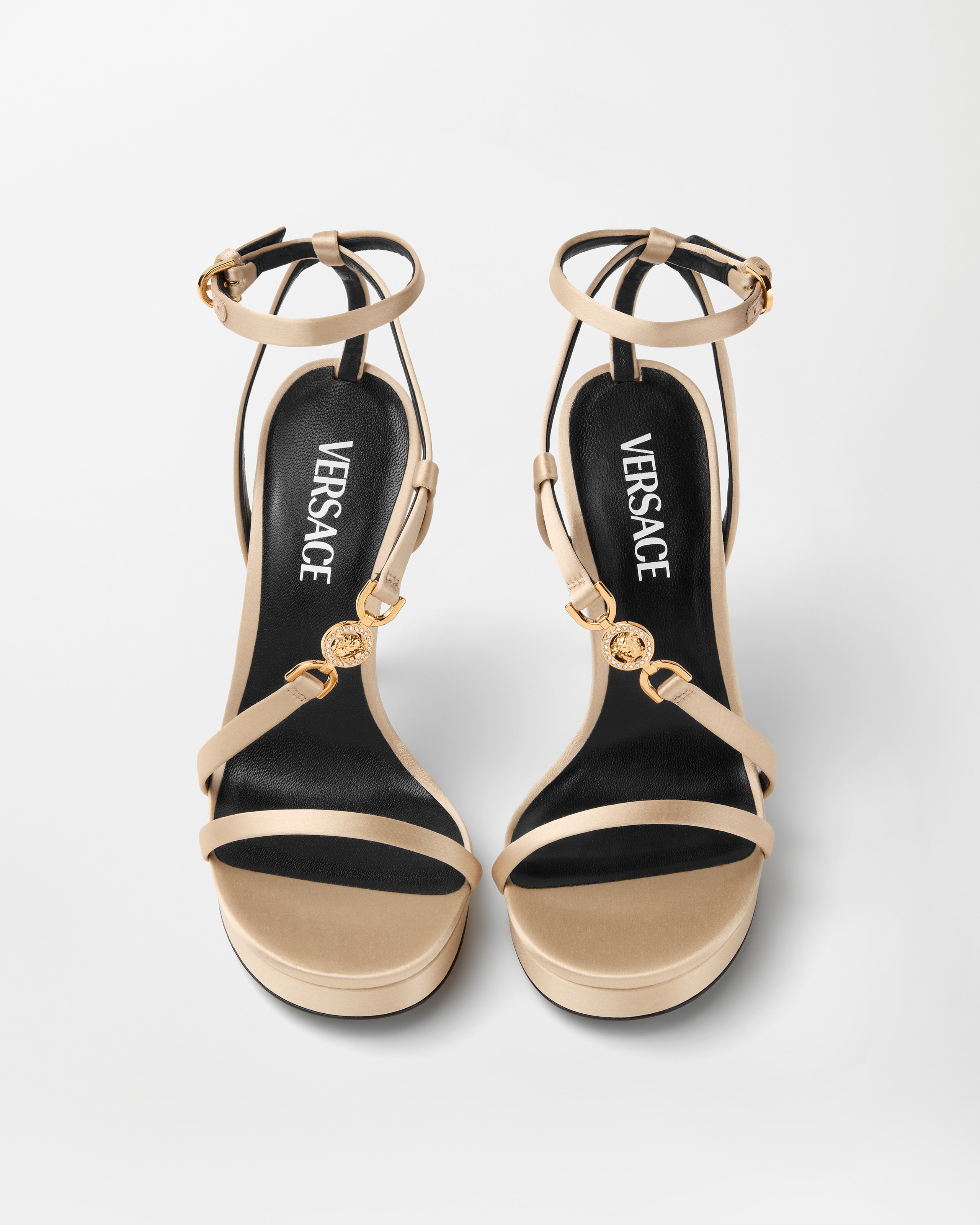 Medusa '95 Embellished Satin Sandals 115 mm Black,Gold | VERSACE US