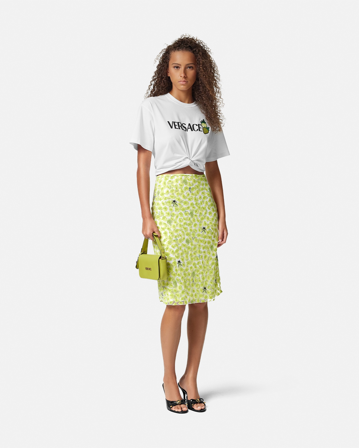 Versace Strawberry Garden Devore Jersey Skirt In Yellow+print