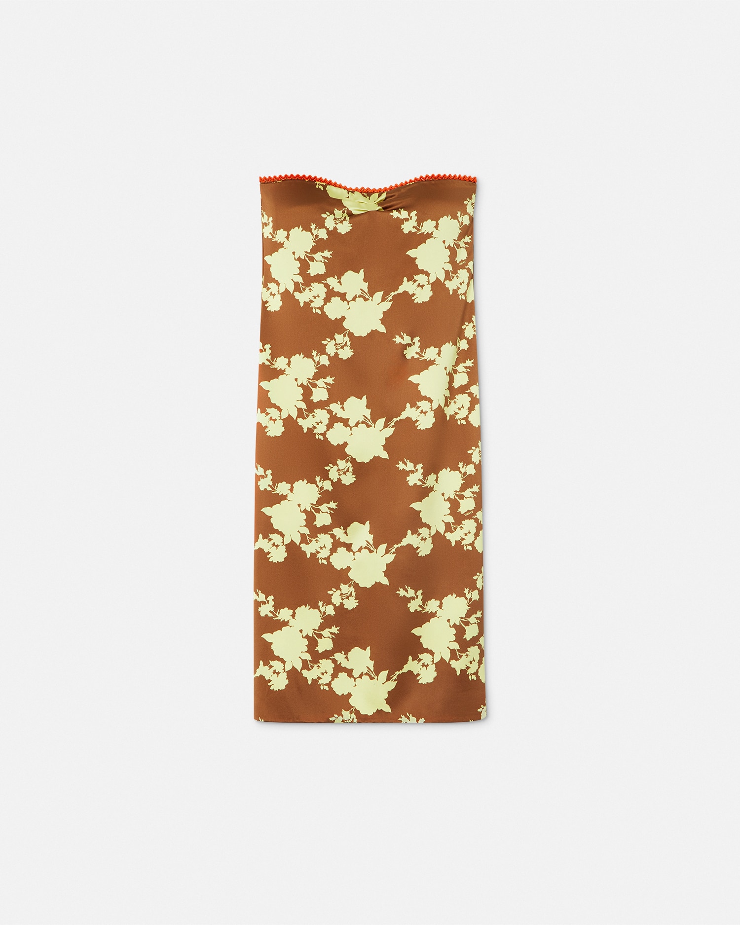Versace Wild Roses Satin Strapless Midi Dress In Brown+yellow