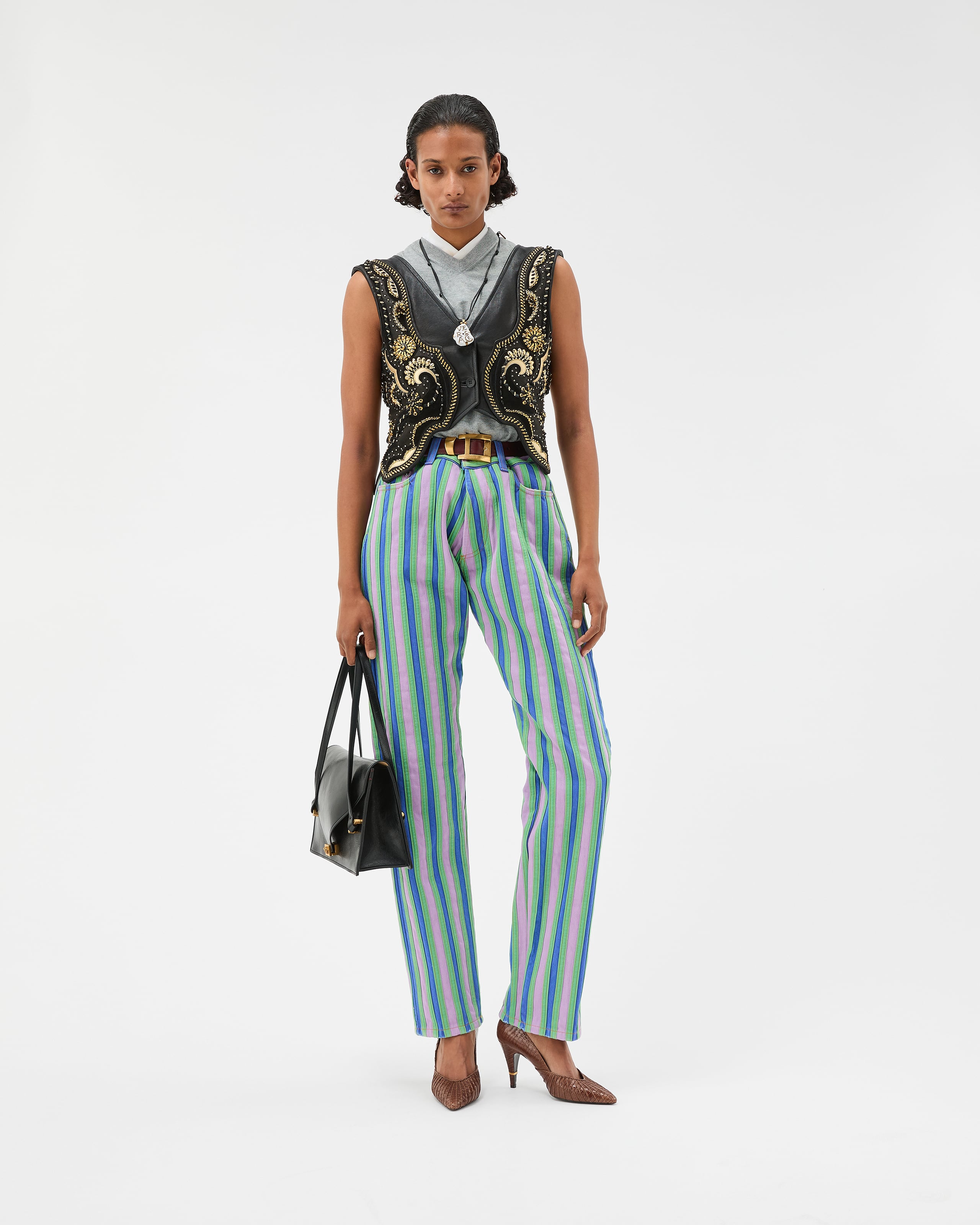 Embroidered Crop Leather Vest Black | VERSACE US