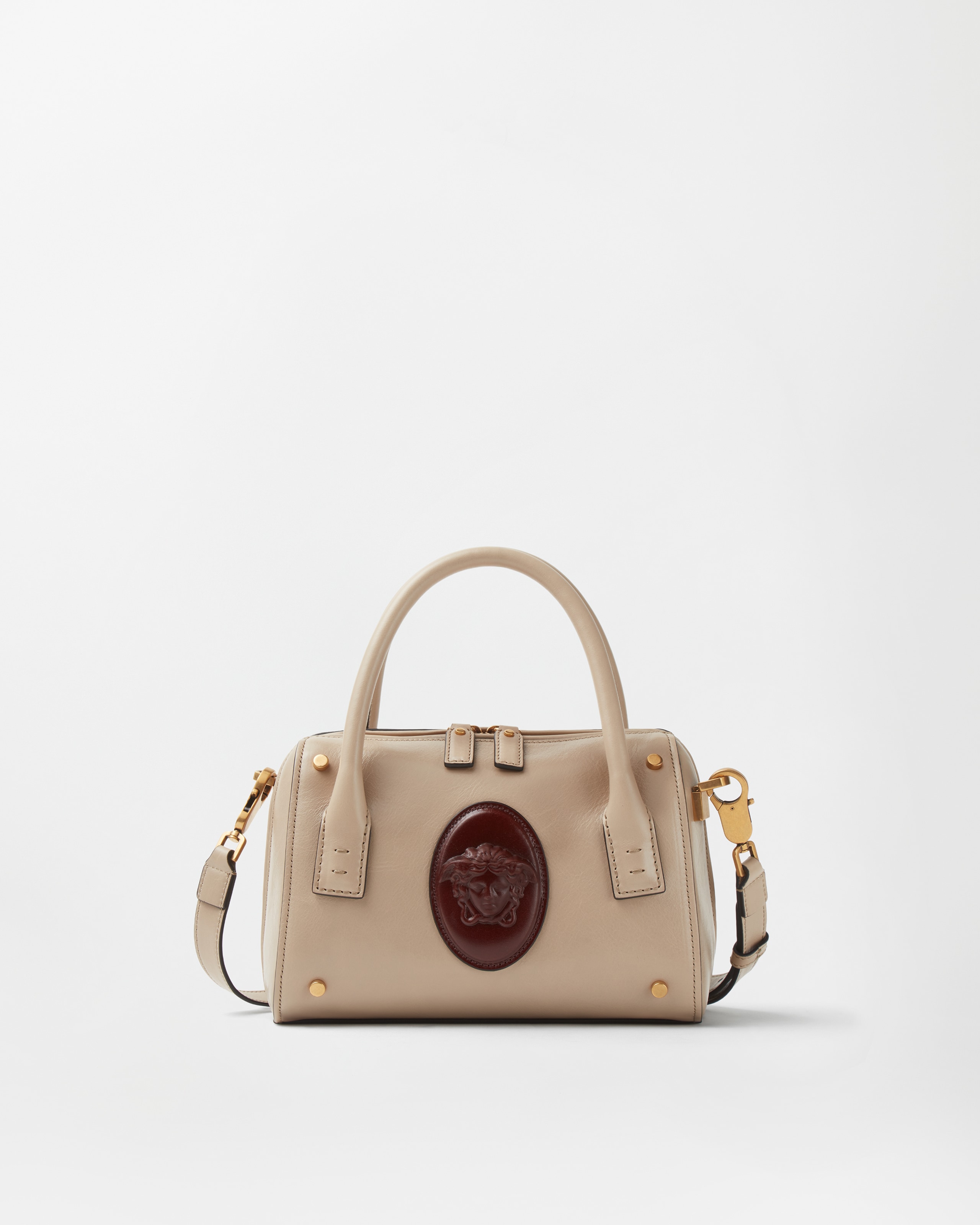Versace Roomy Small Leather Boston Bag In Beige