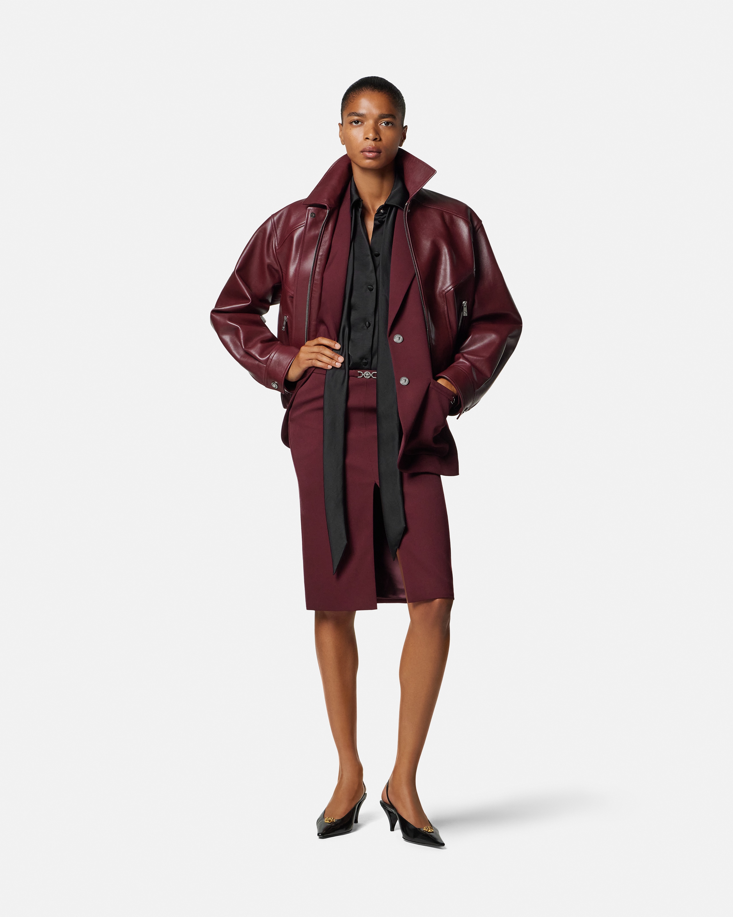 Versace Stretch Gabardine Pencil Midi Skirt In Red