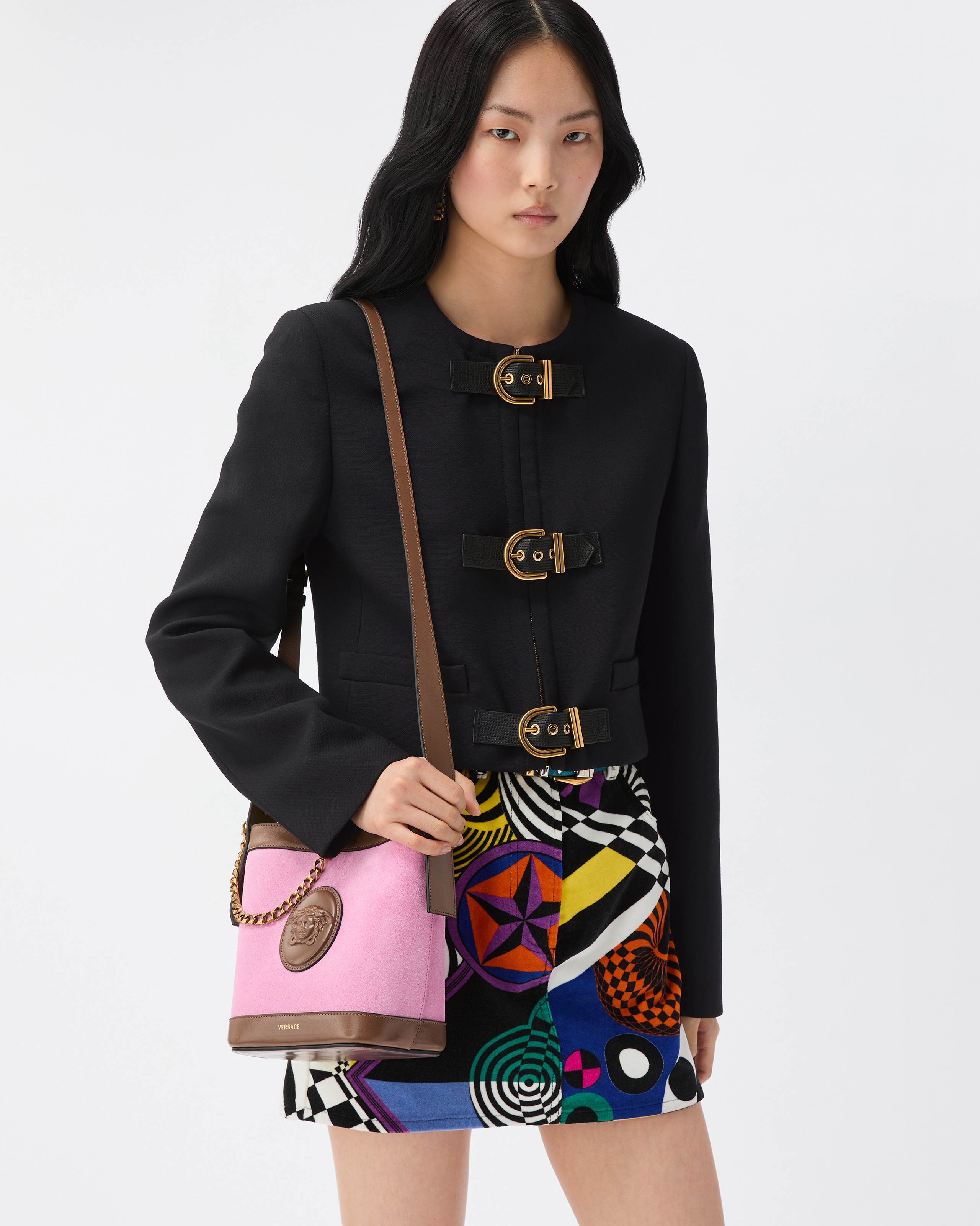 Versace Wool Buckle Front Jacket In Black