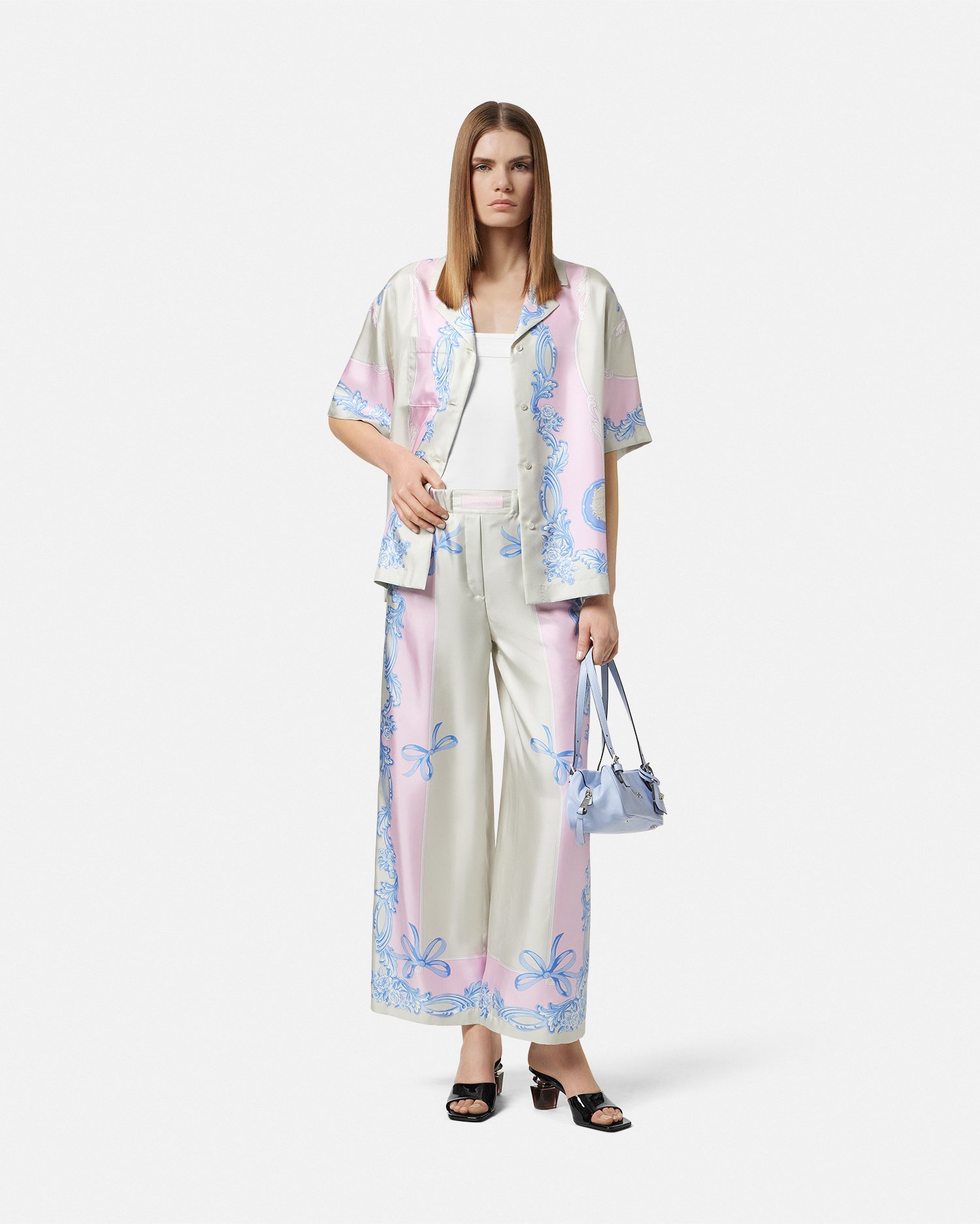 Versace Silk Twill Pajama-style Trousers With Medusa Cameo Print In Imprimer