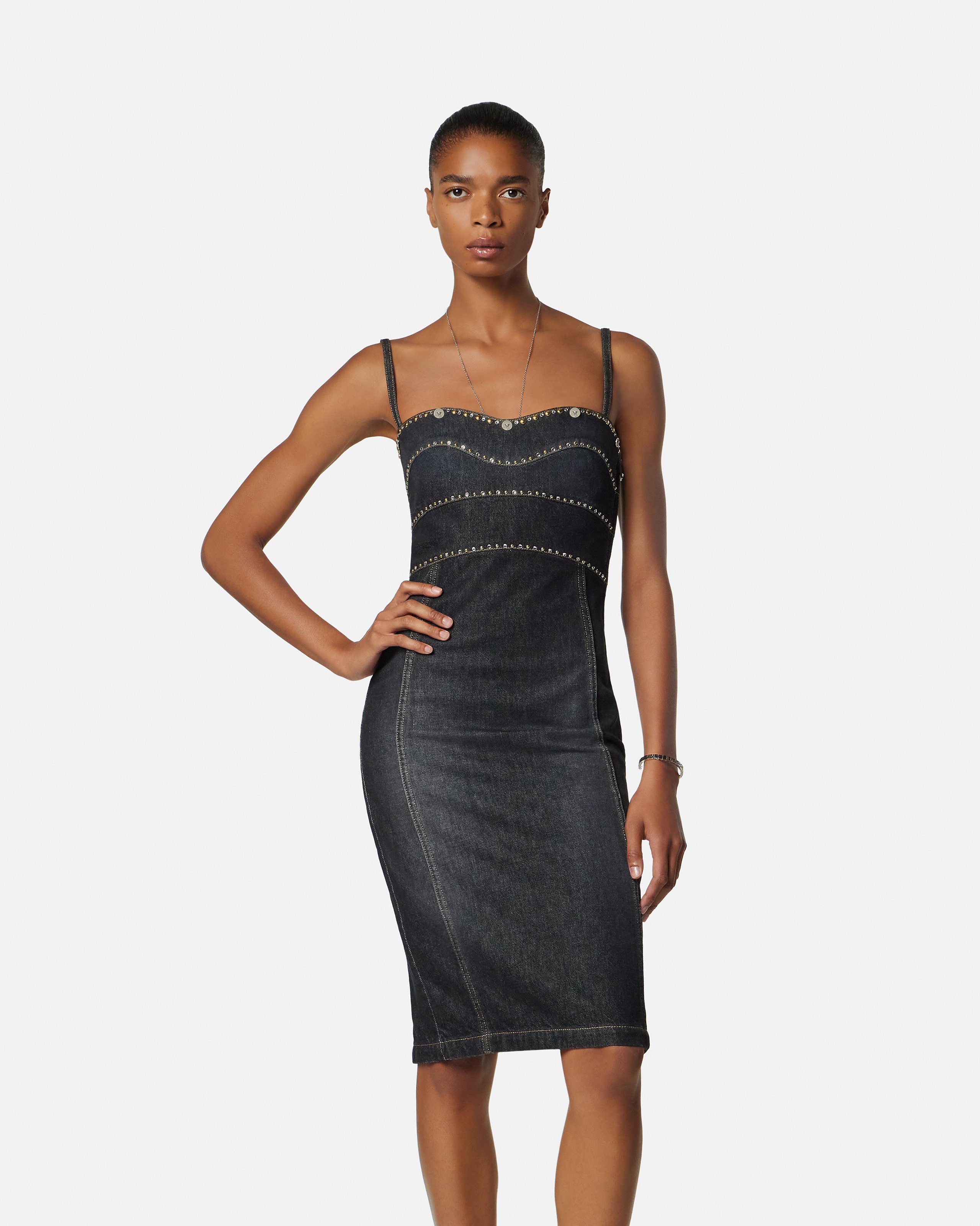 Embellished Denim Fitted Midi Dress