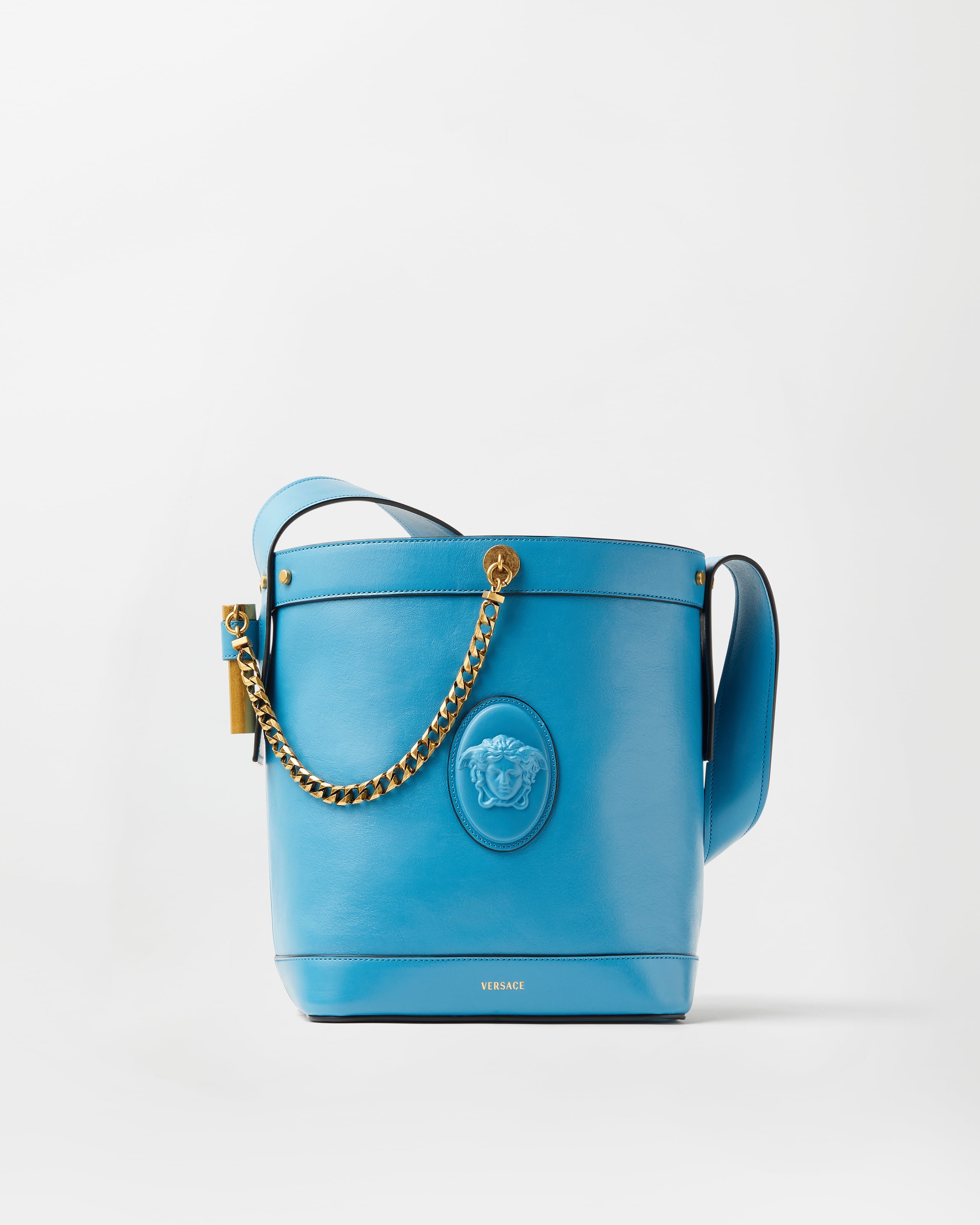 Versace Pivot Small Leather Bucket Bag In Blue
