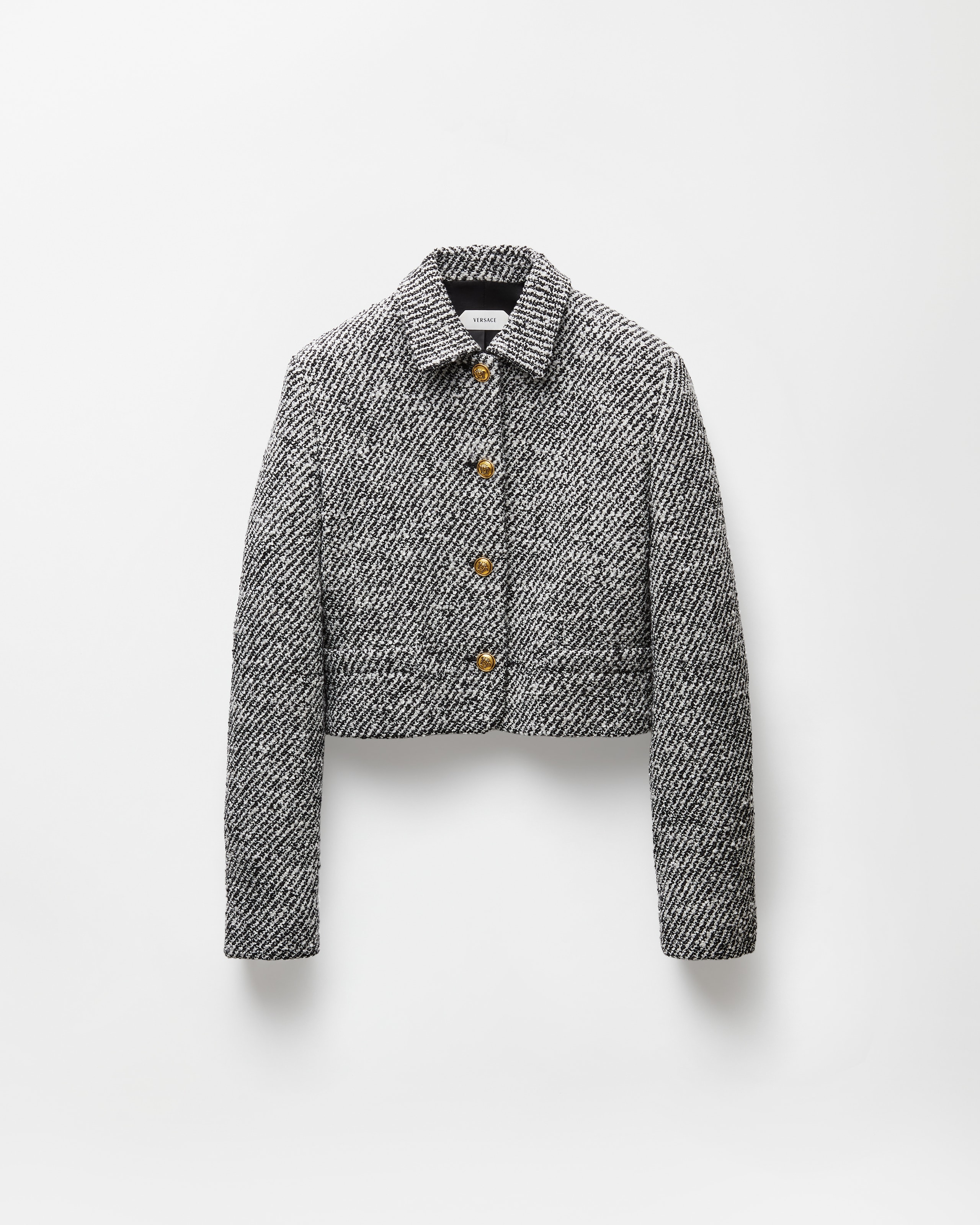 Versace Wool Boucle Jacket Contrast Buttons Cropped In Gray