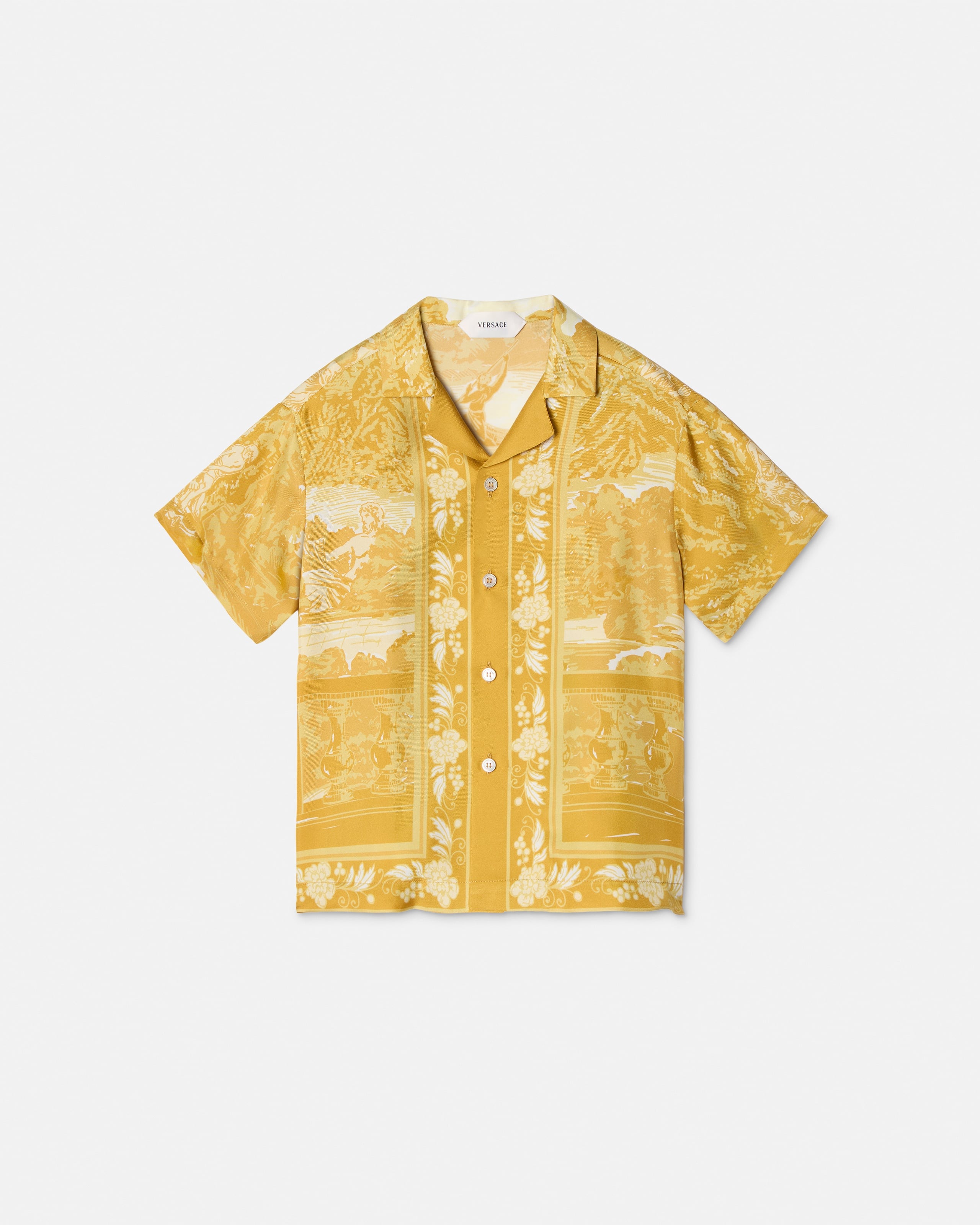 Versace Kids Printed Silk Twill Shirt In Yellow