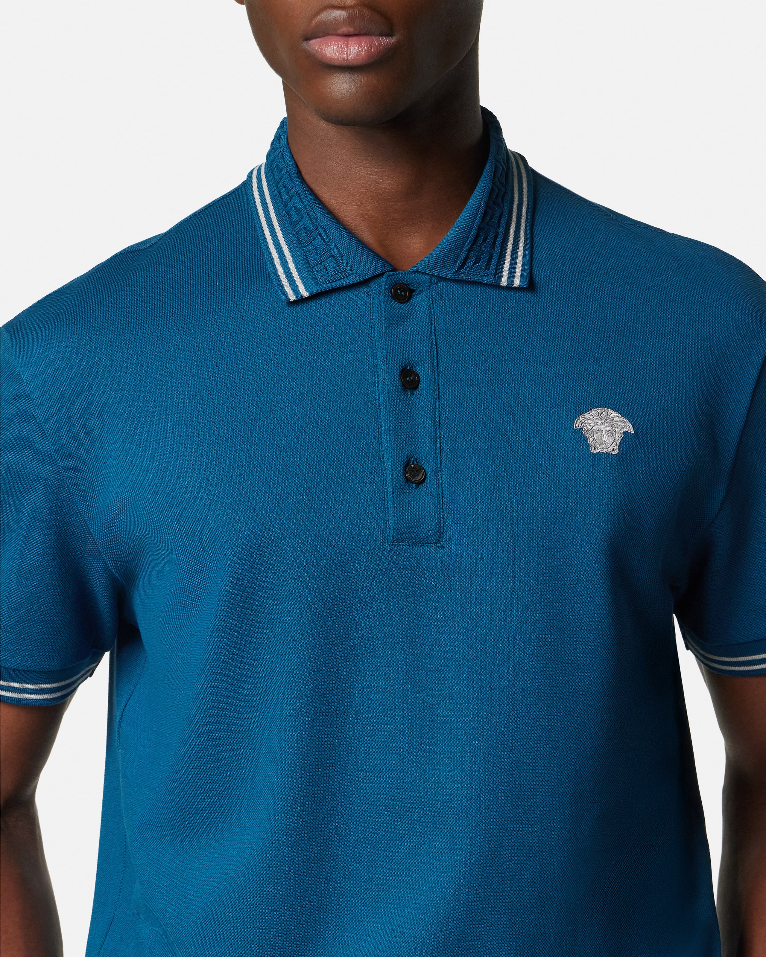 Embroidered Cotton Piqué Polo Black | VERSACE US