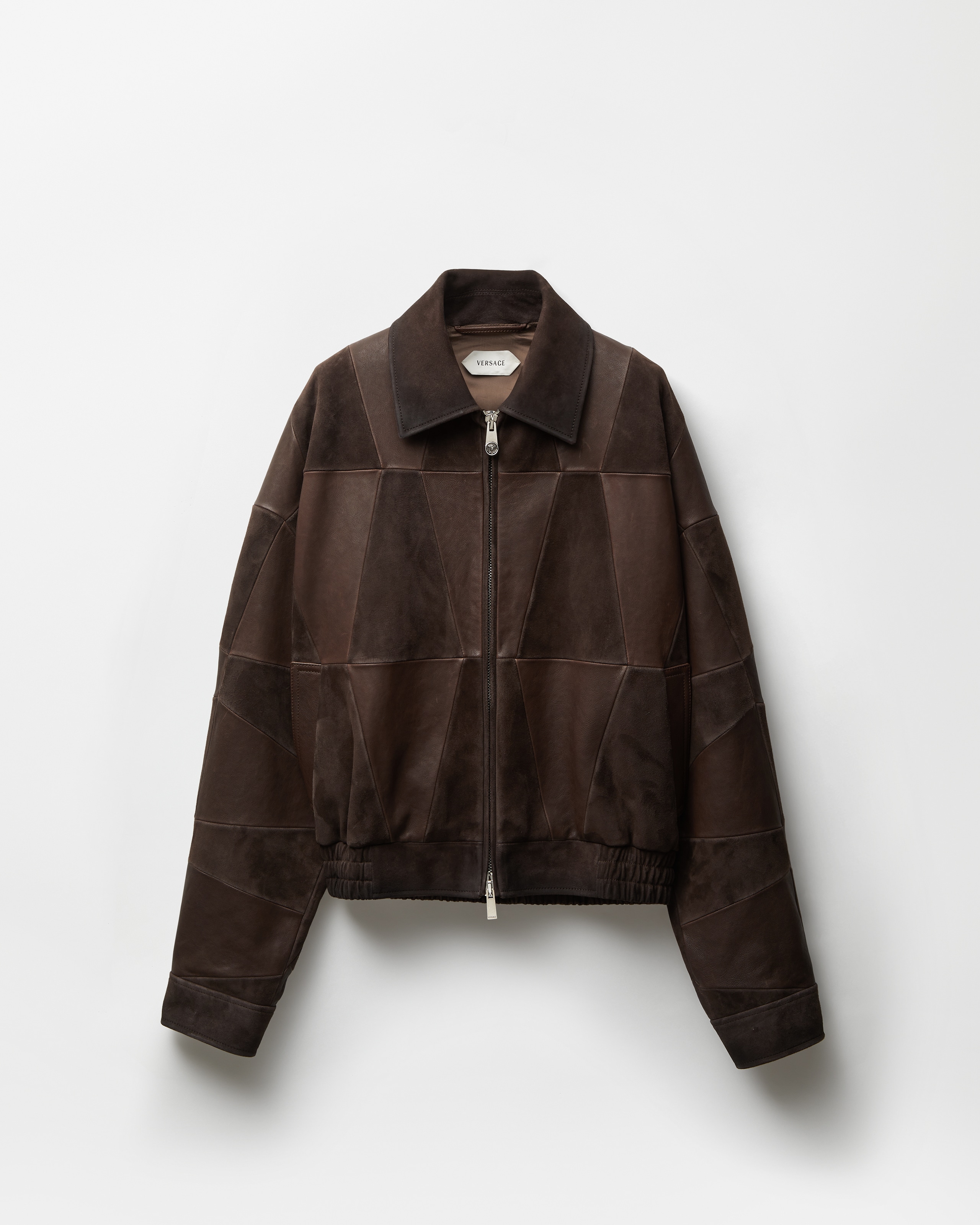 Versace Brown Blouson Leather Patchwork Cropped Jacket In Brown