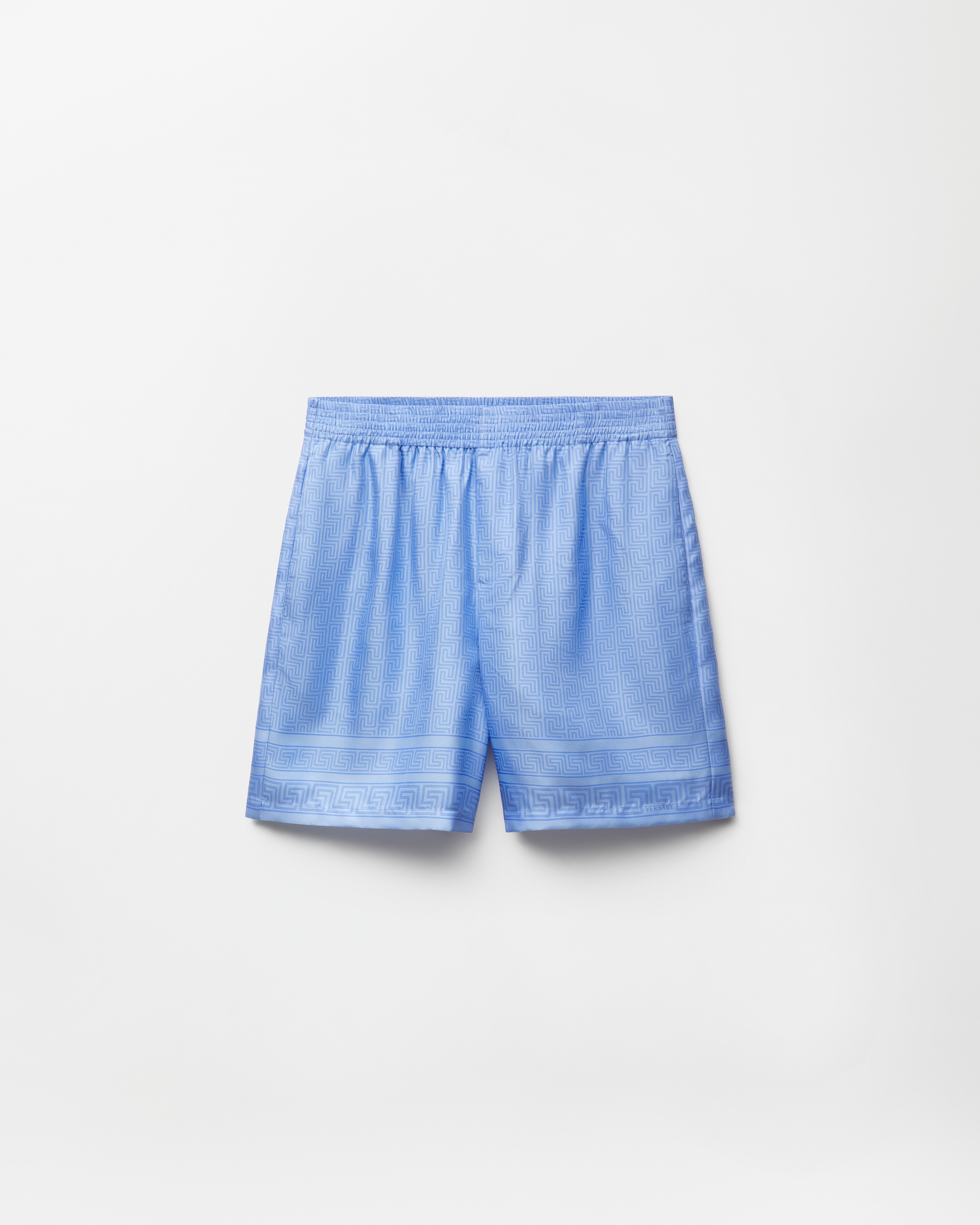 Versace Printed Silk Twill Shorts In Light Blue