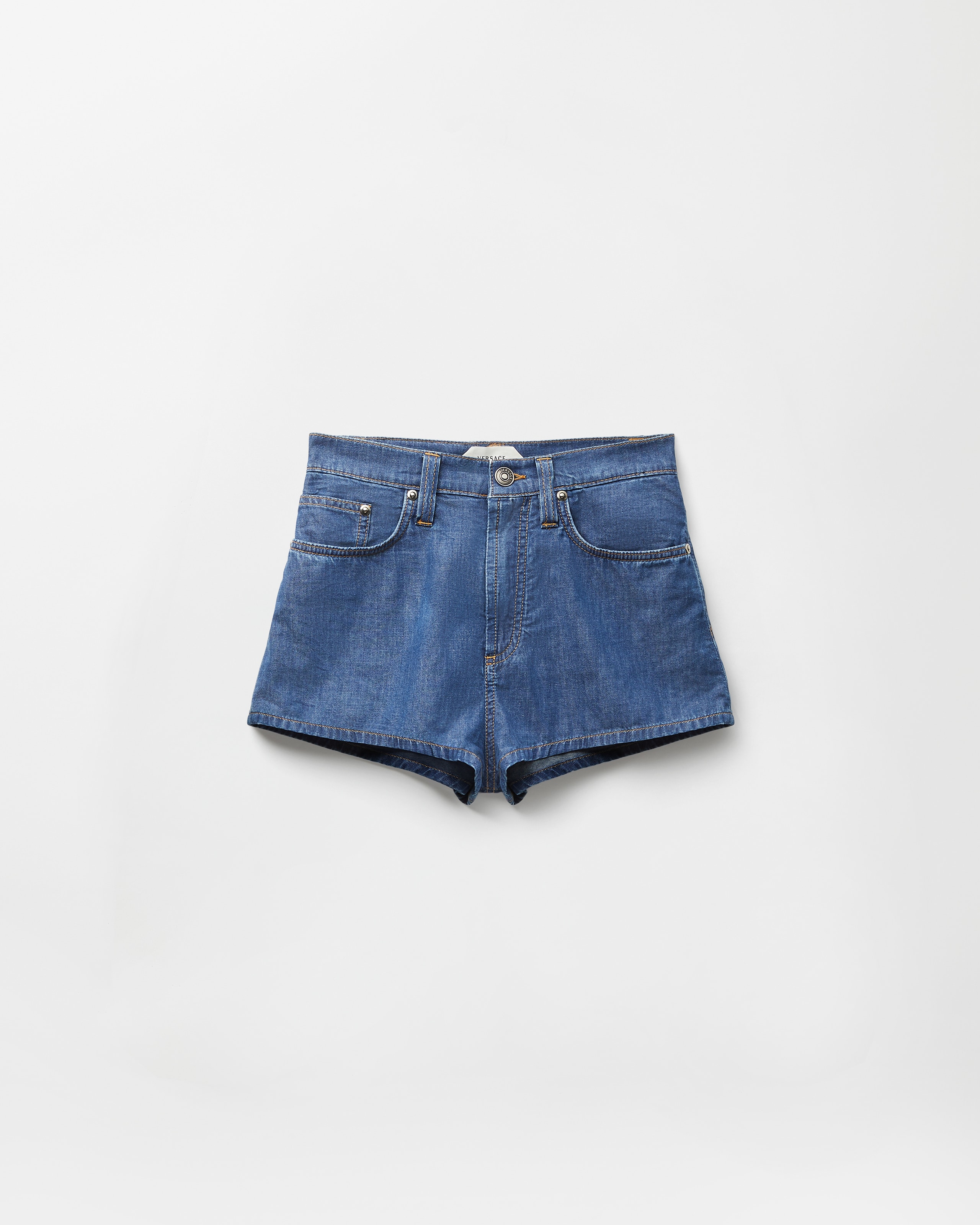 Versace Chambray Denim Mini Shorts In Blue