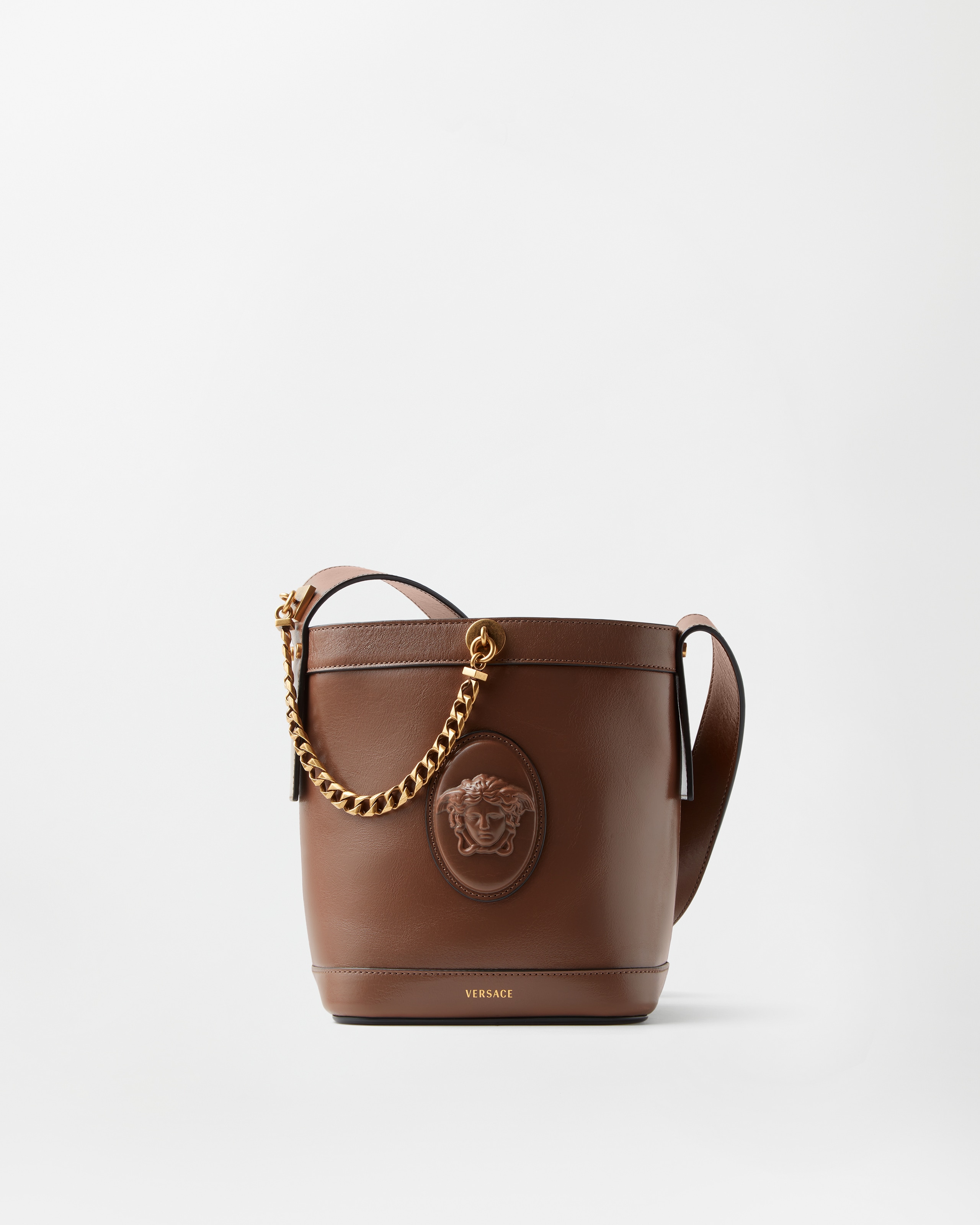 Versace Pivot Mini Leather Bucket Bag In Brown