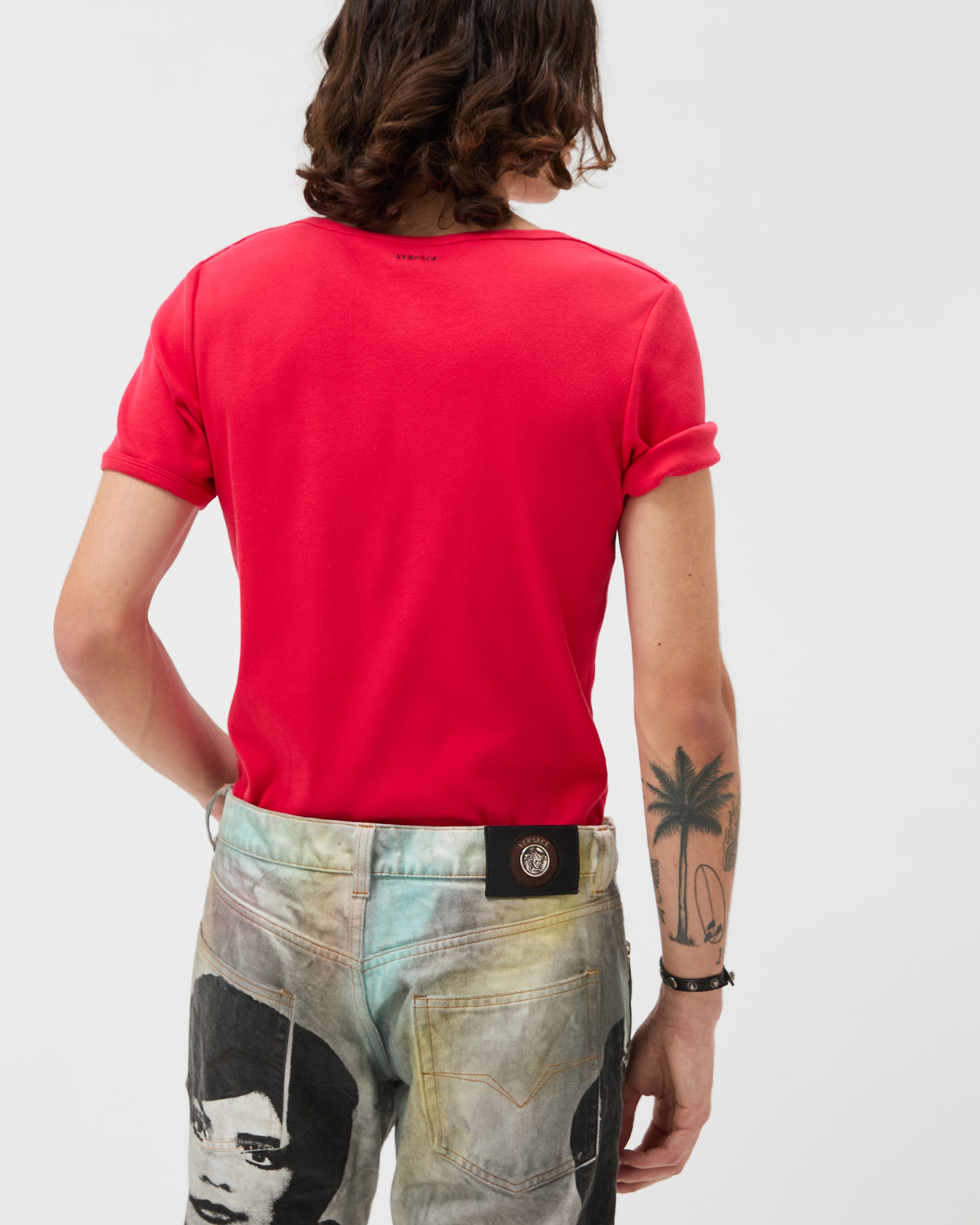 Embroidered Ribbed Cotton-Jersey T-Shirt Red | VERSACE US