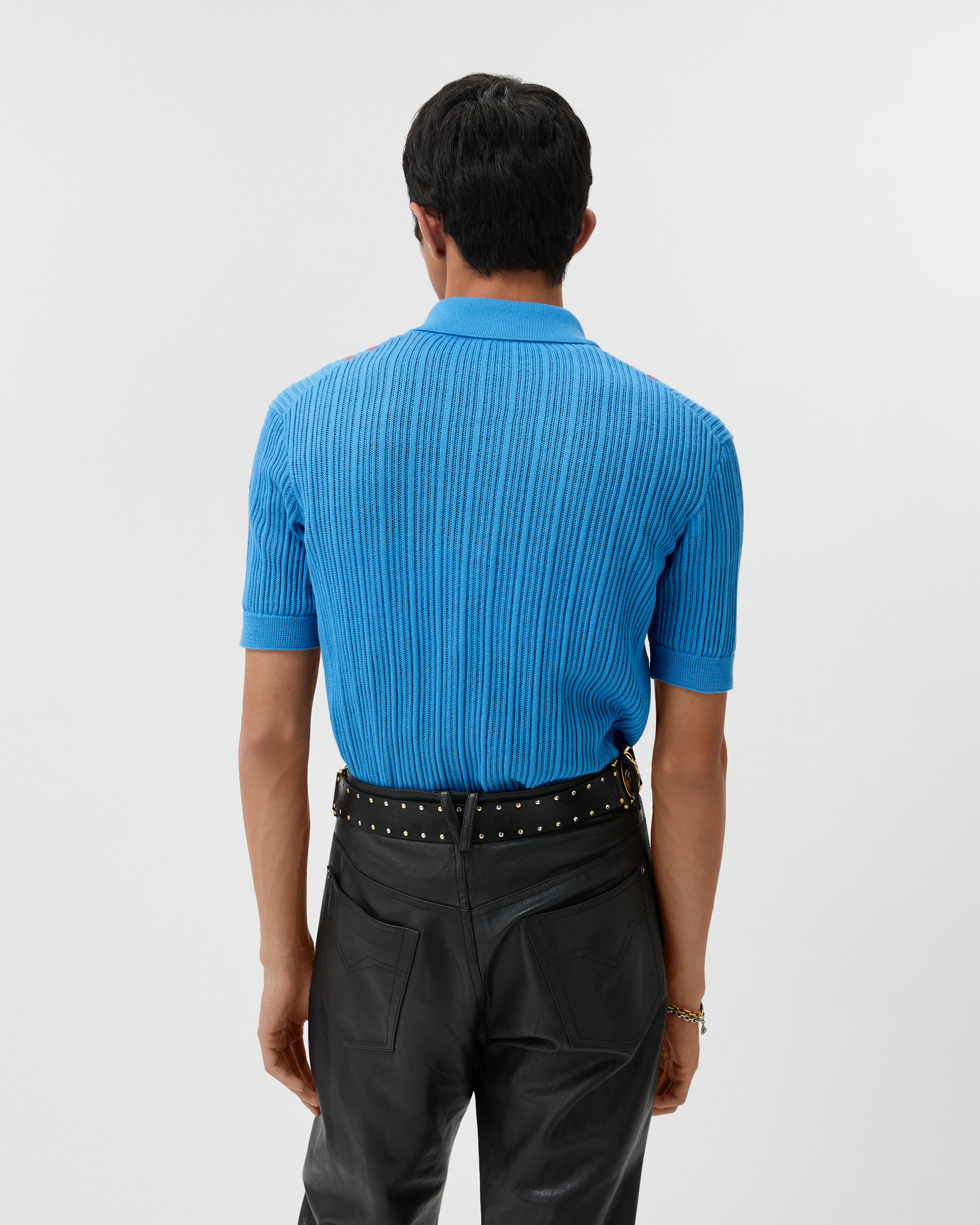 Embroidered Logo Cotton Knit Polo Shirt Blue | VERSACE US