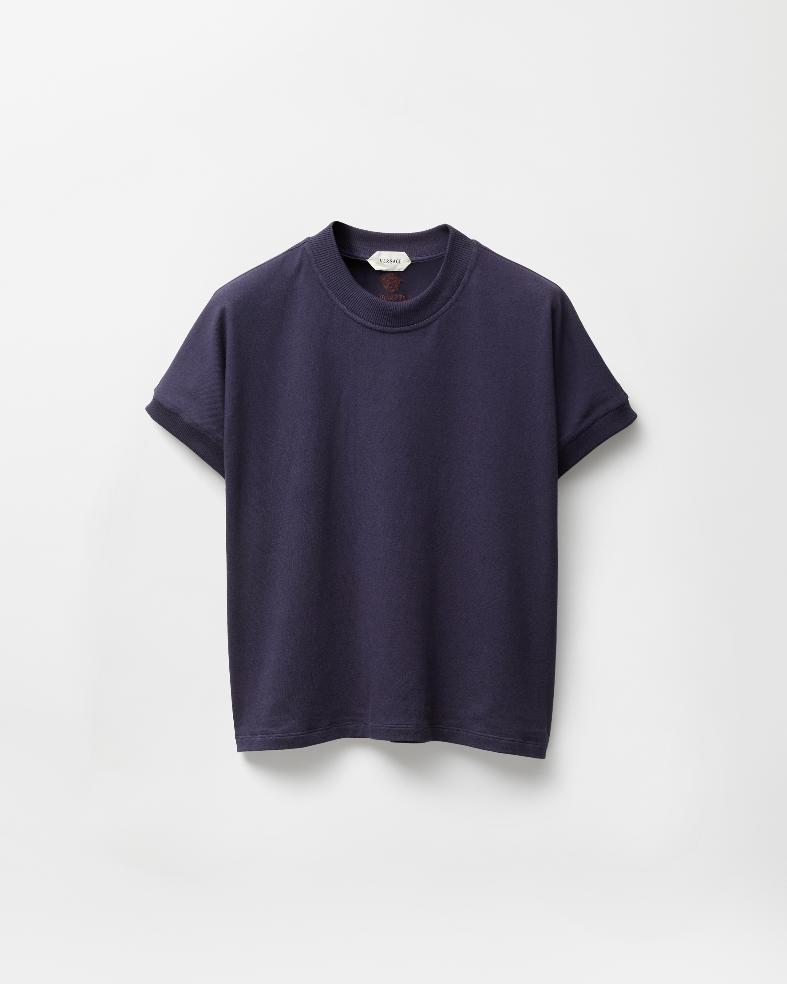 Embroidered Stretch Cotton-Jersey T-Shirt Blue | VERSACE US