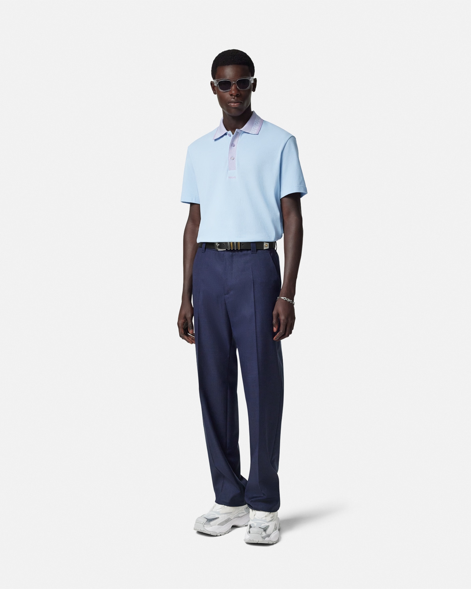 Versace Greca Collar Polo Shirt In Light Blue