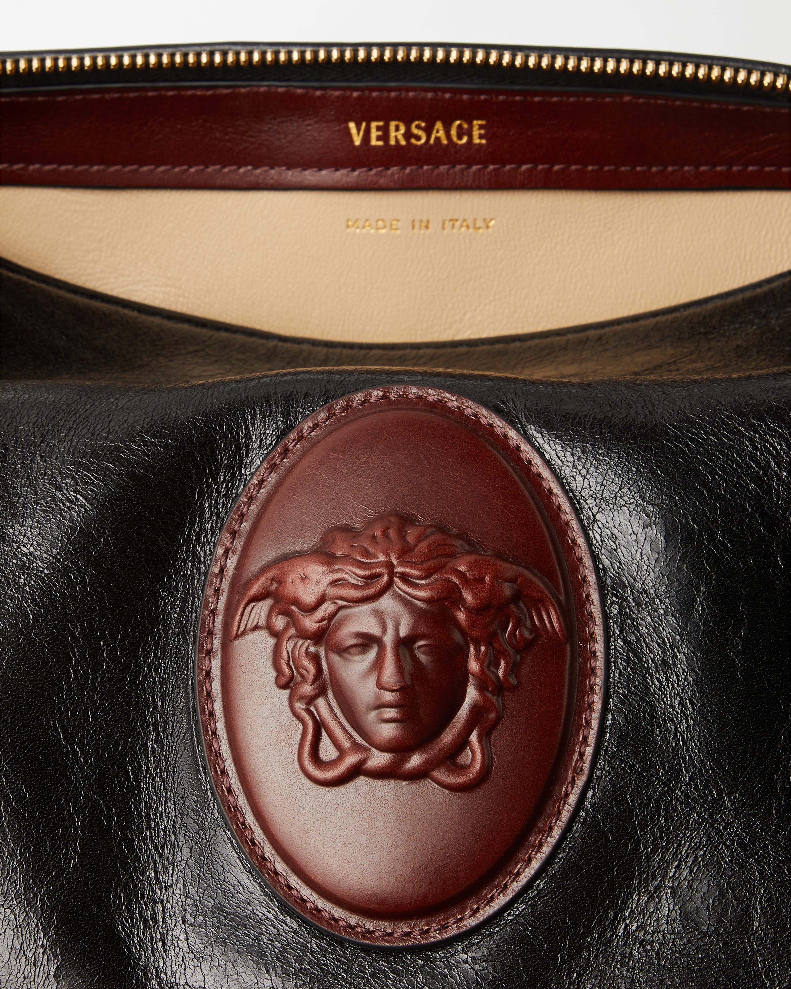 Roomy Leather Boston Bag Black,Brown | VERSACE US