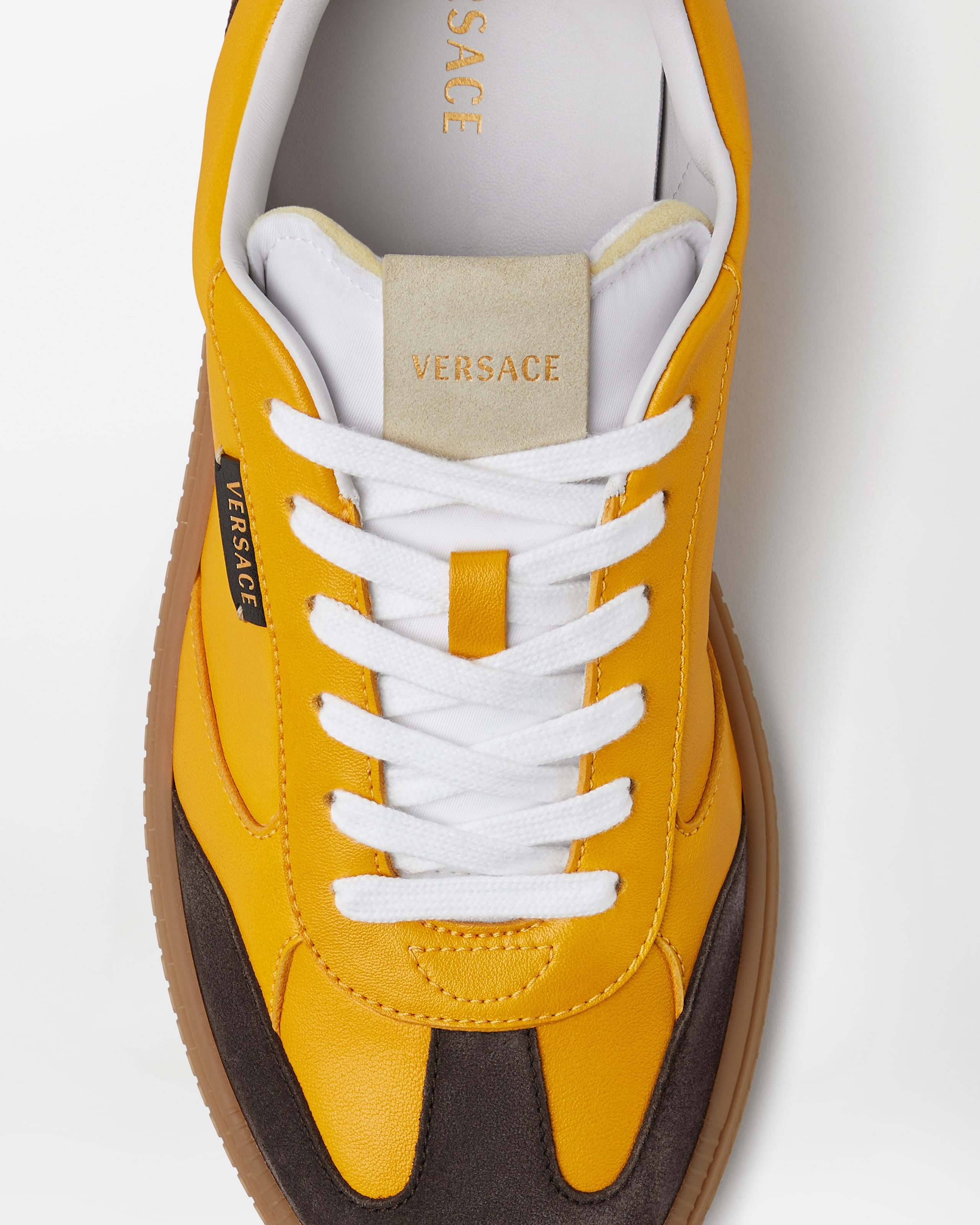 Greca Court Nappa & Suede Sneakers Yellow | VERSACE US