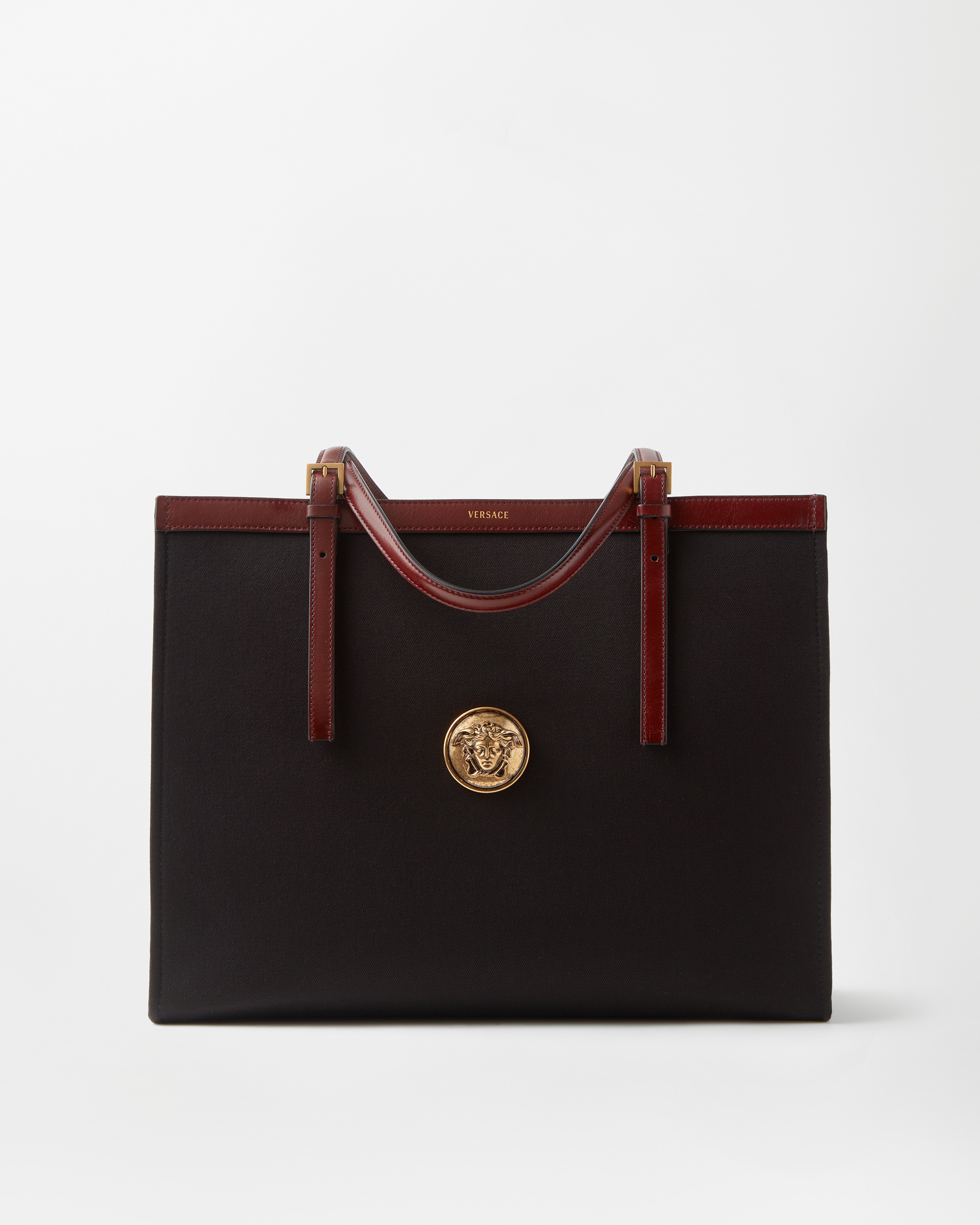 Versace Rivière Large Canvas Tote In Black+brown