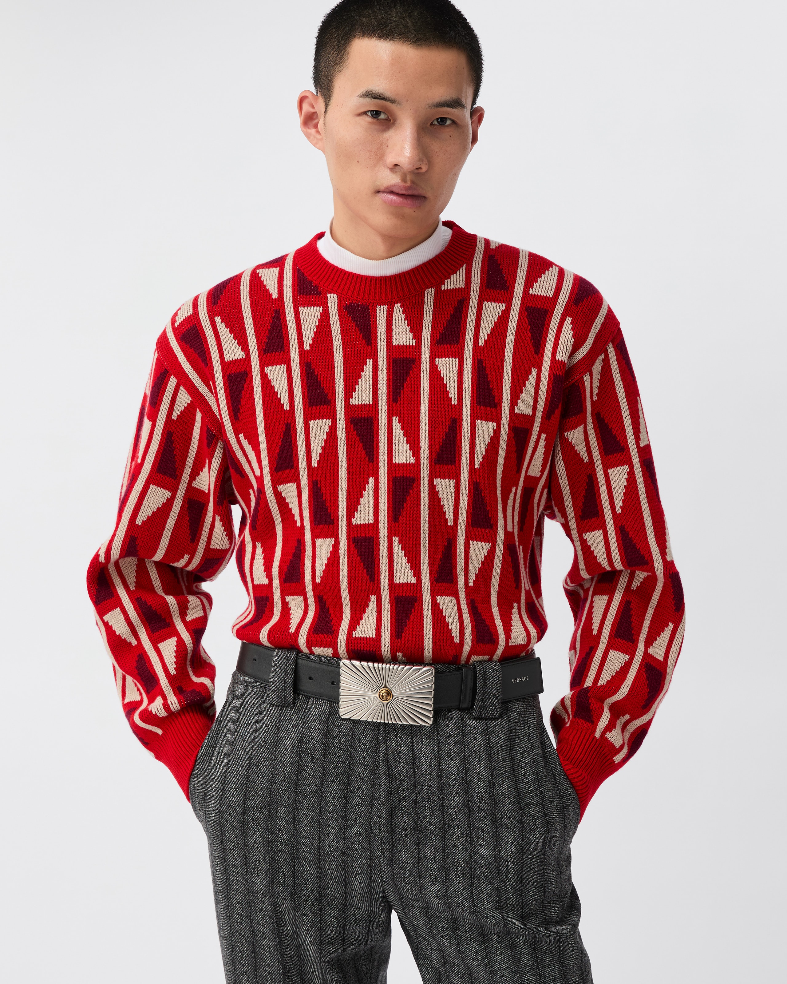Jacquard Wool & Cashmere Knit Sweater Red | VERSACE US