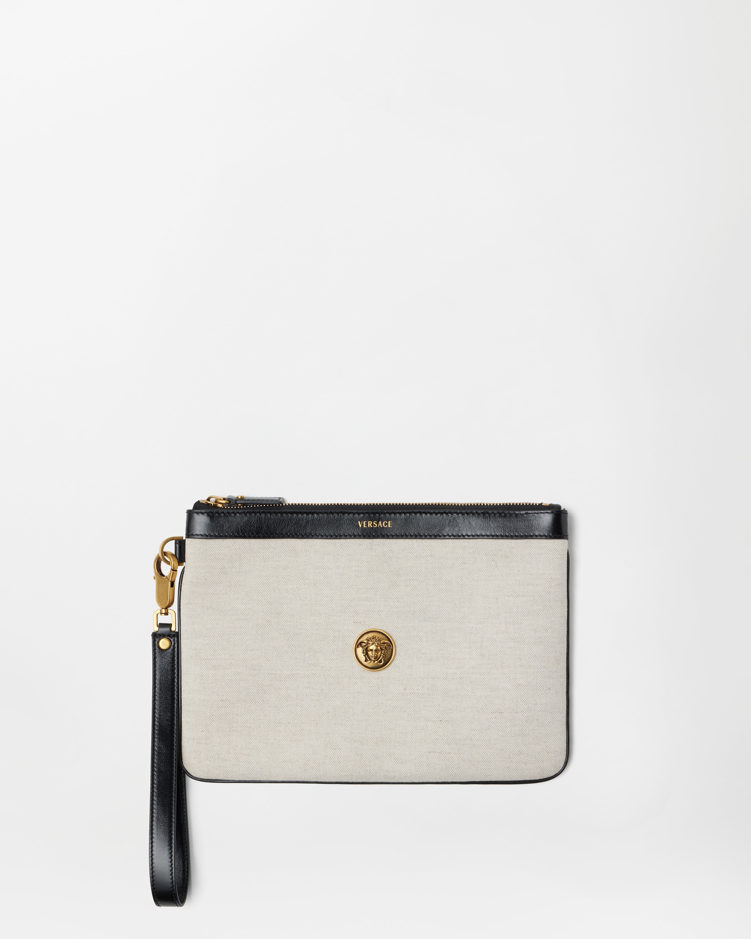 Versace Rivière Canvas Pouch In Black+beige