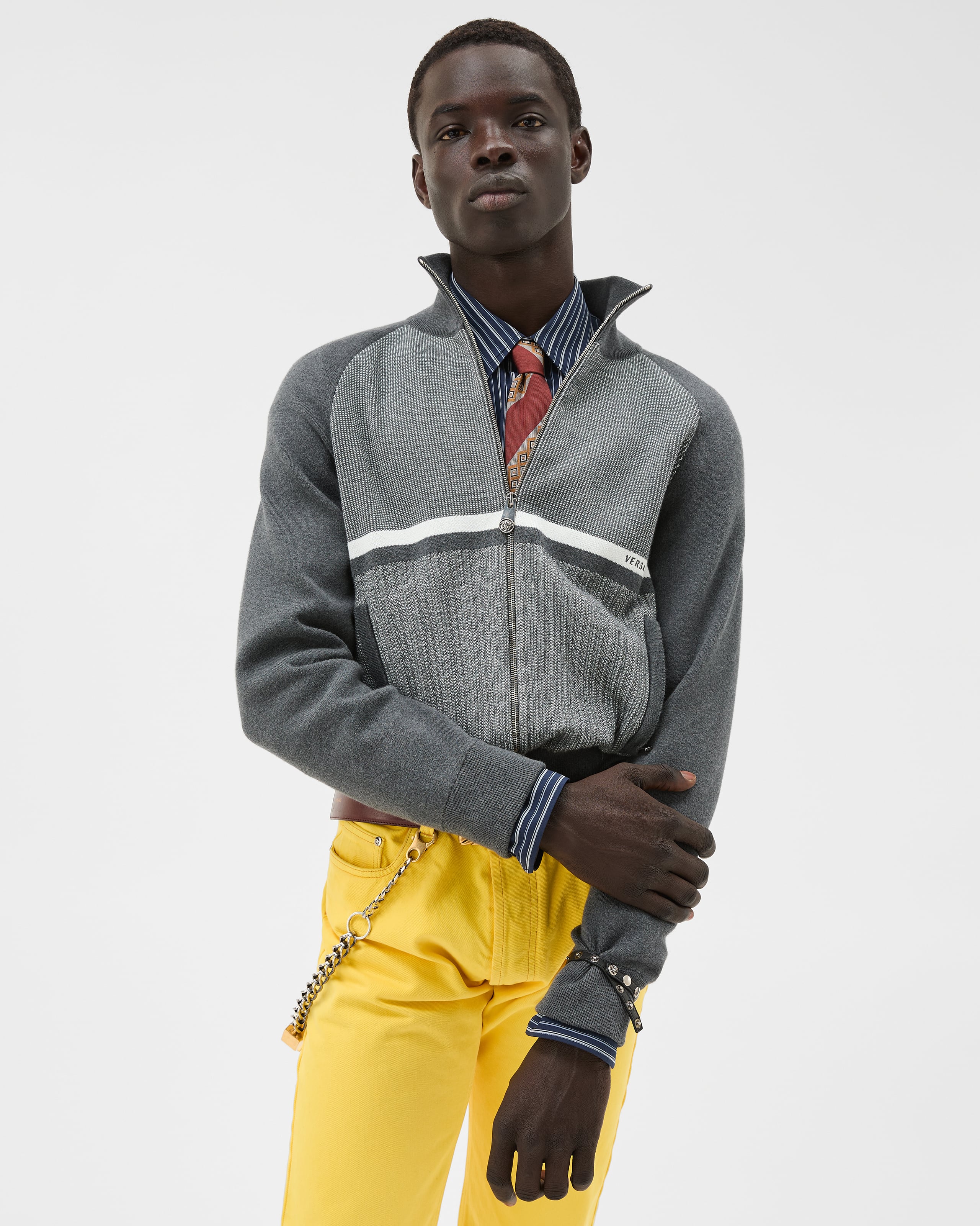 Embroidered Jacquard Cotton Knit Zip Sweater Gray | VERSACE US