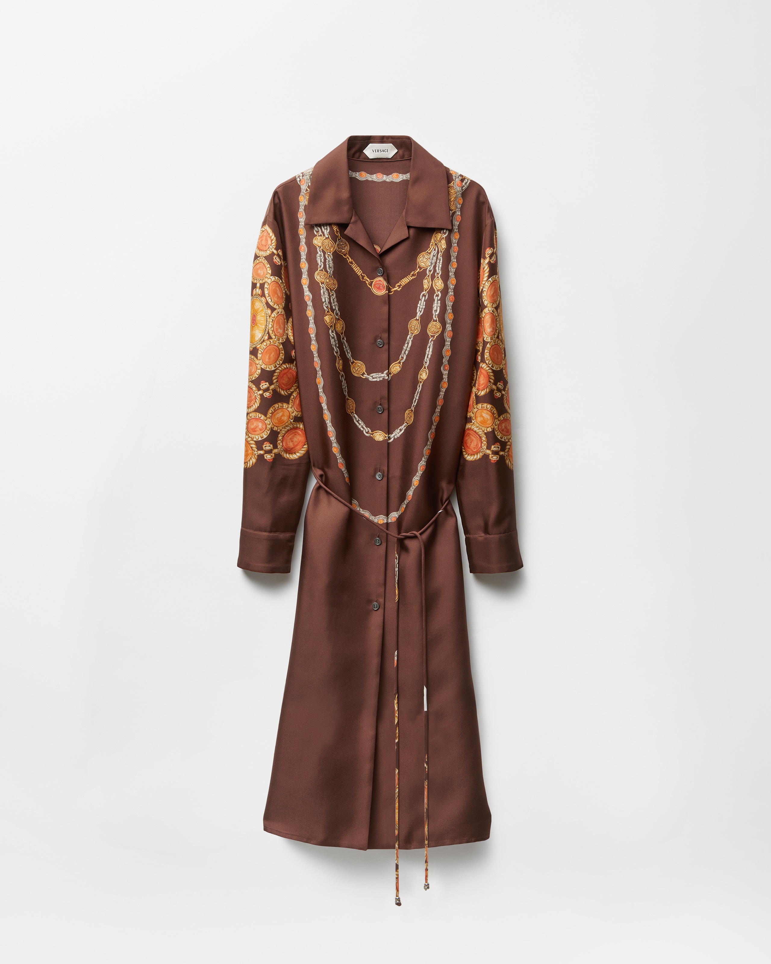 Versace Printed Silk Twill Mini Shirt Dress In Brown