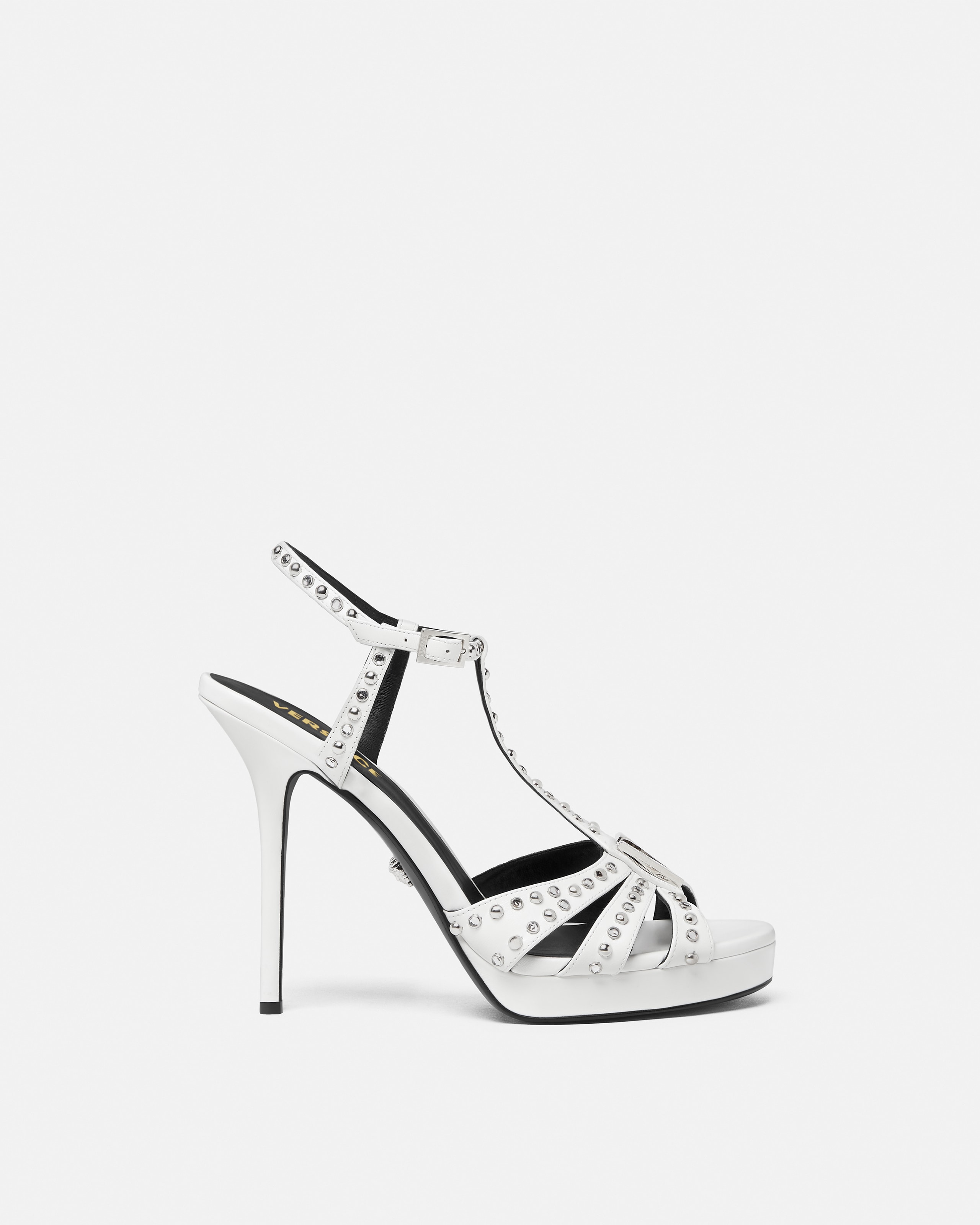 Versace V Embellished Leather Sandals 120 Mm In White